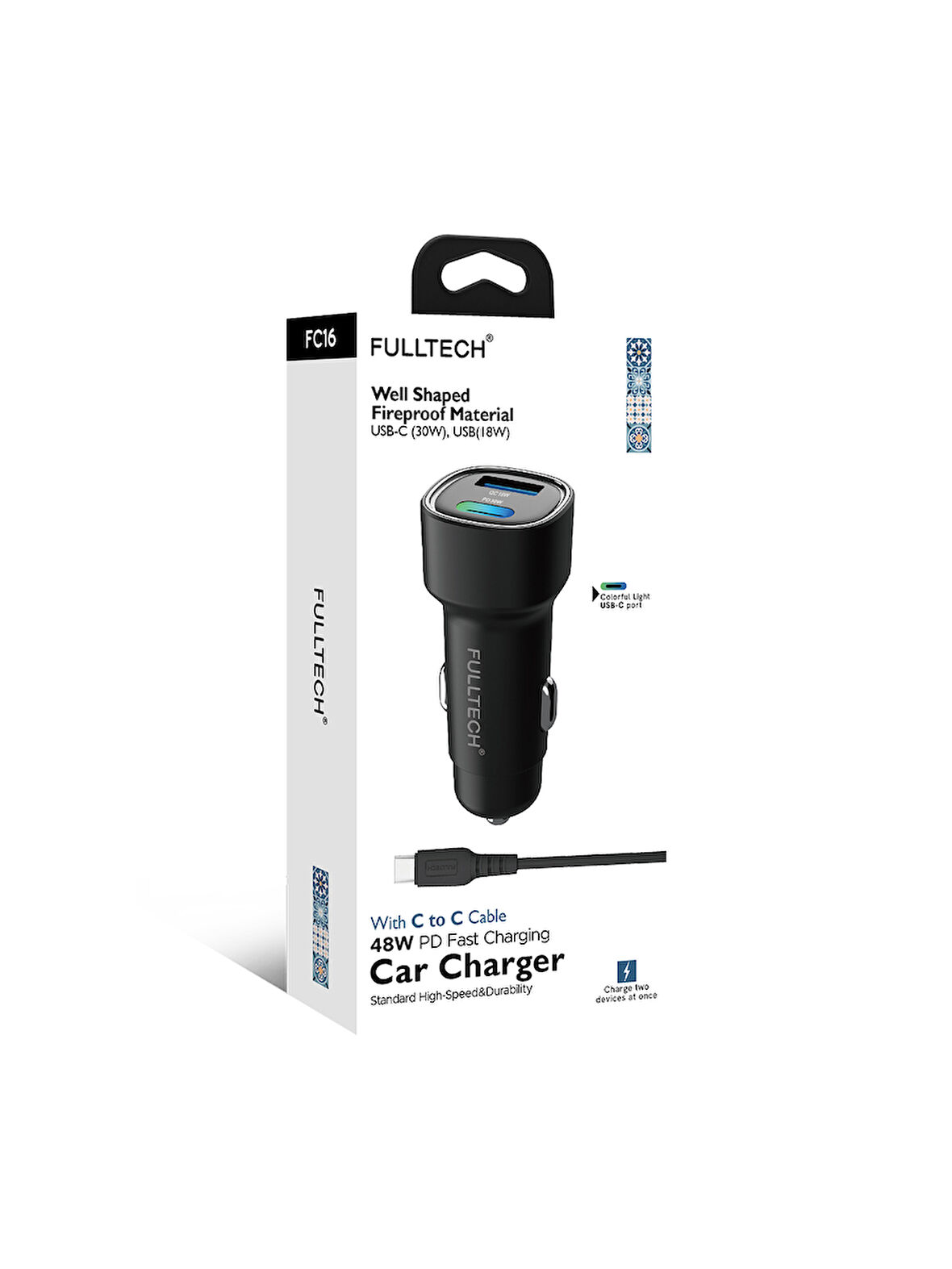 Fulltech FC16 48W Hızlı Şarjlı Araç Şarj Cihazı | USB-C & USB Çift Giriş | C to C Kablo Dahil | Renkli Işıklı Port | 30W PD + 18W QC