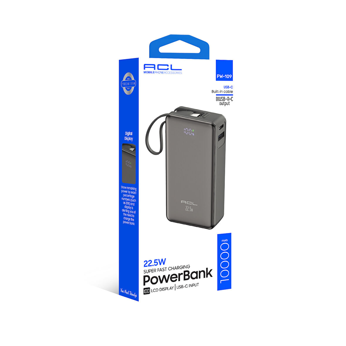 ACL PW-109 10000mAh 22.5W Süper Hızlı Şarj Powerbank - LCD Ekranlı, Type-C Dahili Kablo, 3 Cihaz Şarj Desteği