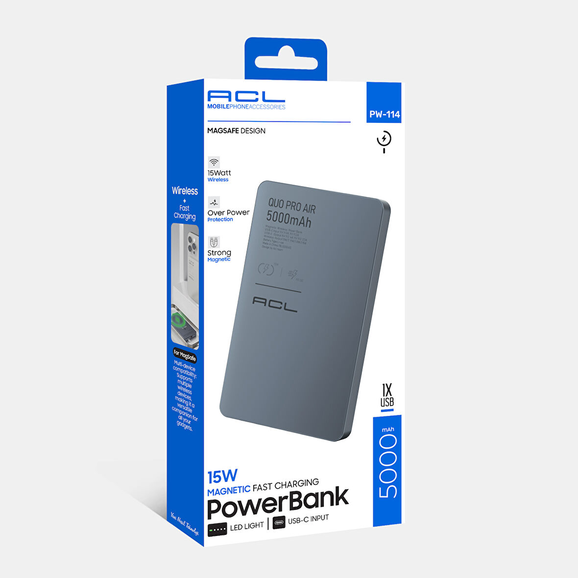 ACL PW-114 15W Magsafe Uyumlu Kablosuz Manyetik Powerbank | 5000mAh Hızlı Şarj | LED Göstergeli Taşınabilir Şarj Cihazı