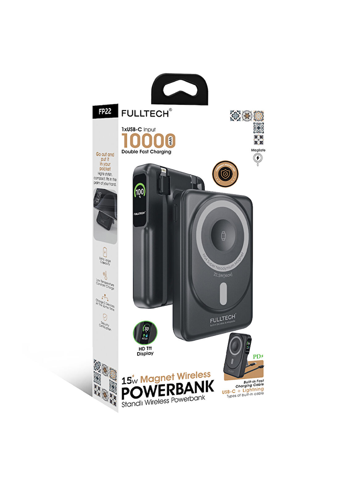 Fulltech FP22 10.000mAh 15W MagSafe Standlı Wireless Powerbank | Hızlı Şarj, Çift Çıkış, Dahili Kablo