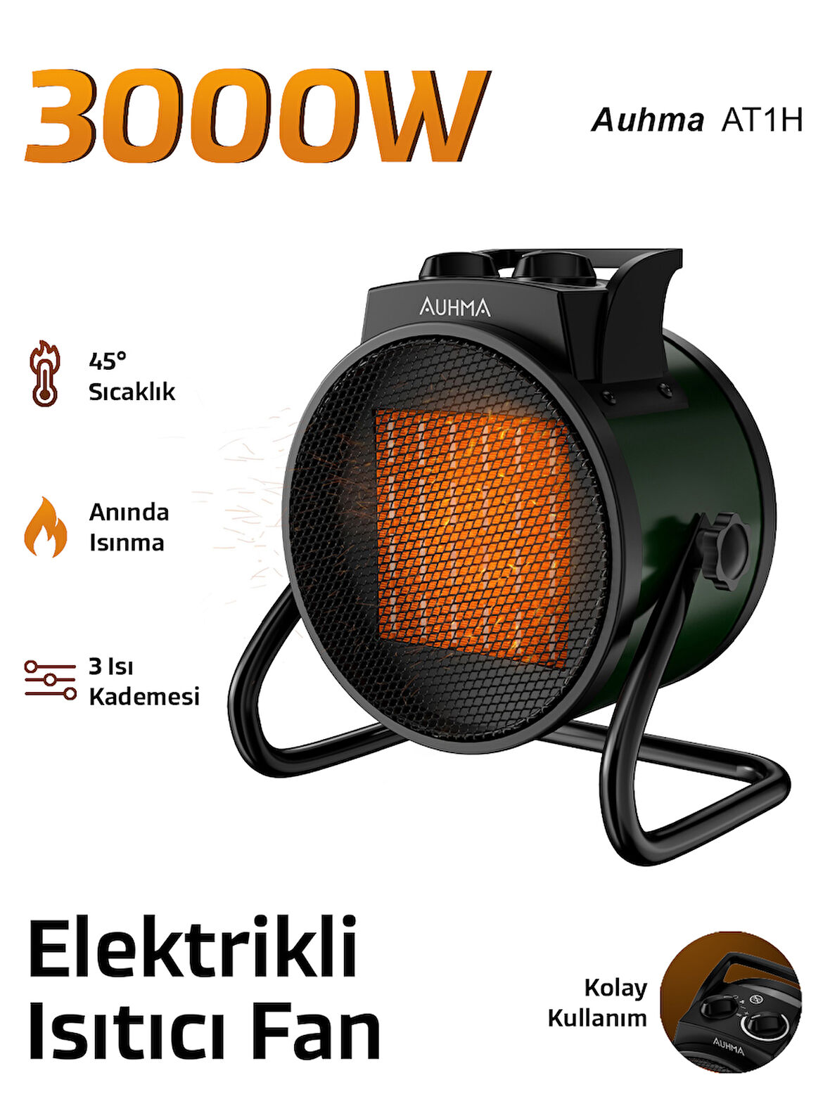 Auhma AT1H Elektrikli Isıtıcı Fan Yeşil | 3000W Hızlı Isınma, 3 Kademeli Ayar, Sessiz PTC Isıtma Teknolojisi
