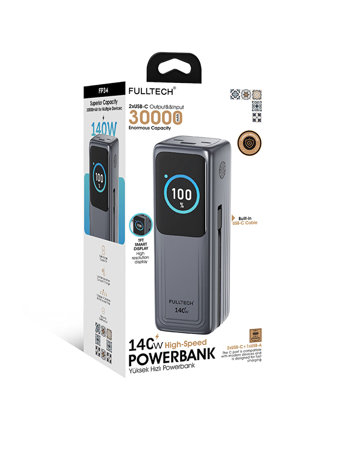 Fulltech FP34 140W 30.000mAh Akıllı Ekranlı Hızlı Şarj Powerbank | 2xUSB-C & Dahili Kablo | 4 Cihaz Eşzamanlı Şarj