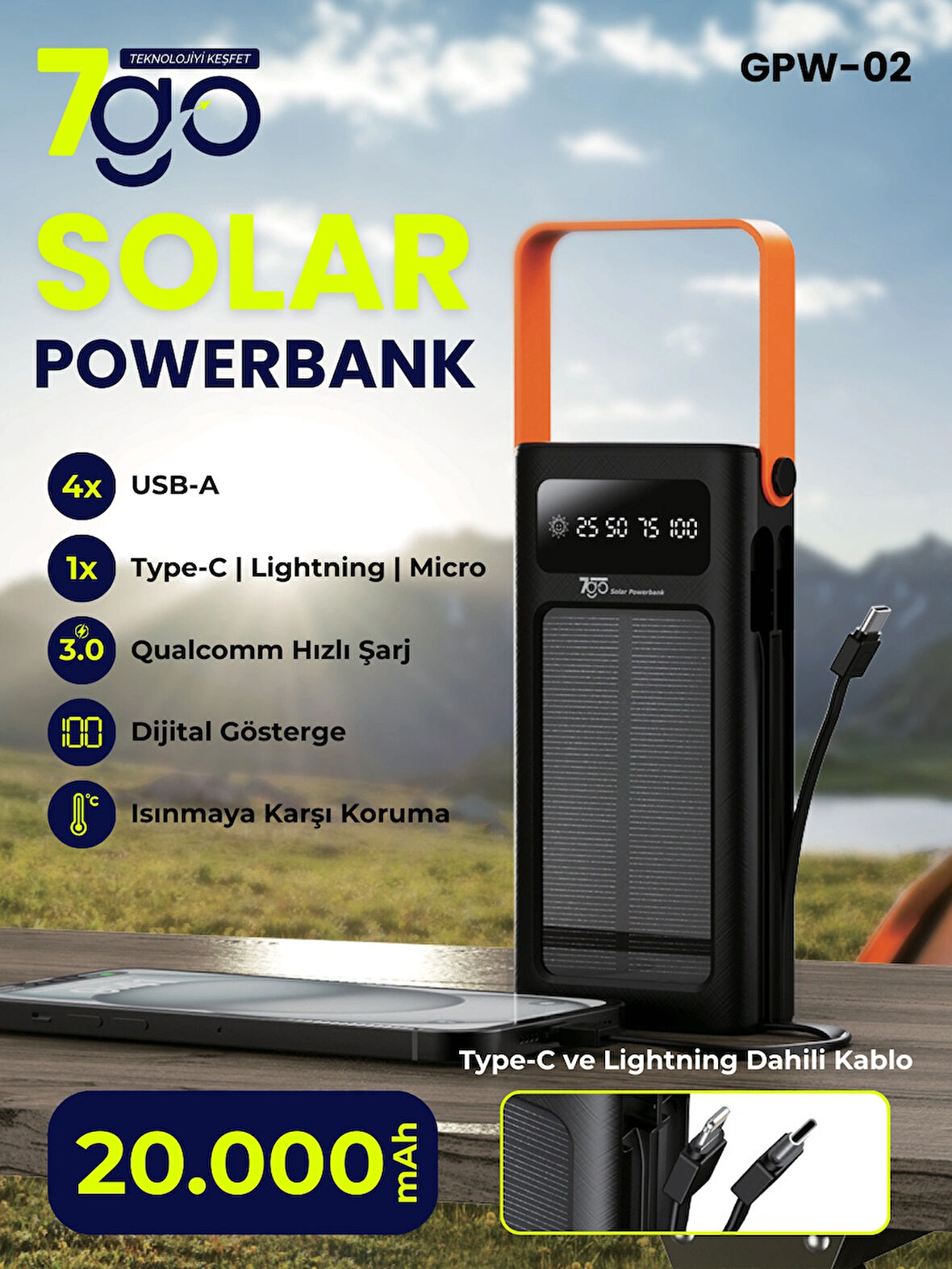 7GO GPW-02 20.000mAh Solar Powerbank – 4xUSB-A, Qualcomm 3.0 Hızlı Şarj, Dahili Lightning & USB-C Kablo, Dijital Yüzdelik Ekran