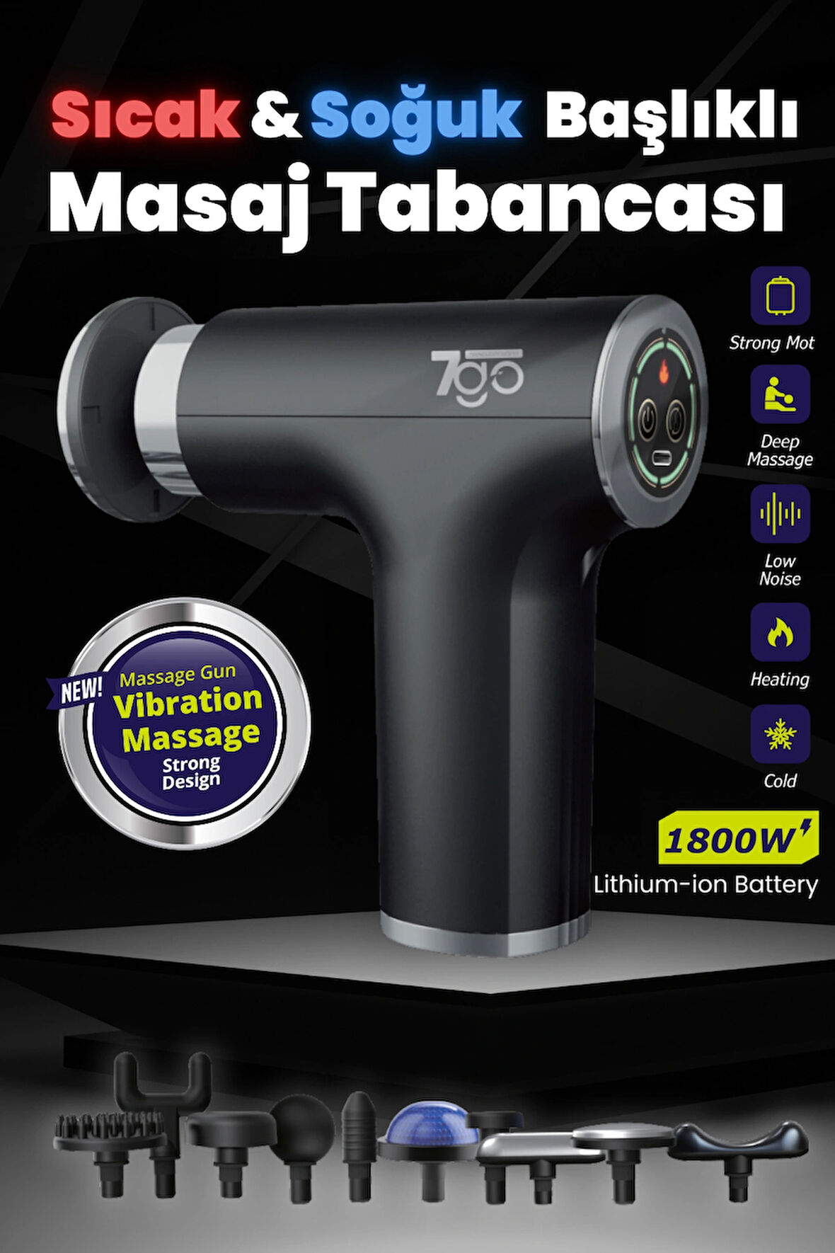 7GO 7GMG2 Sıcak & Soğuk Başlıklı Masaj Tabancası – 10 Başlık, 6 Kademeli, 1800mAh Lityum-İyon Pil