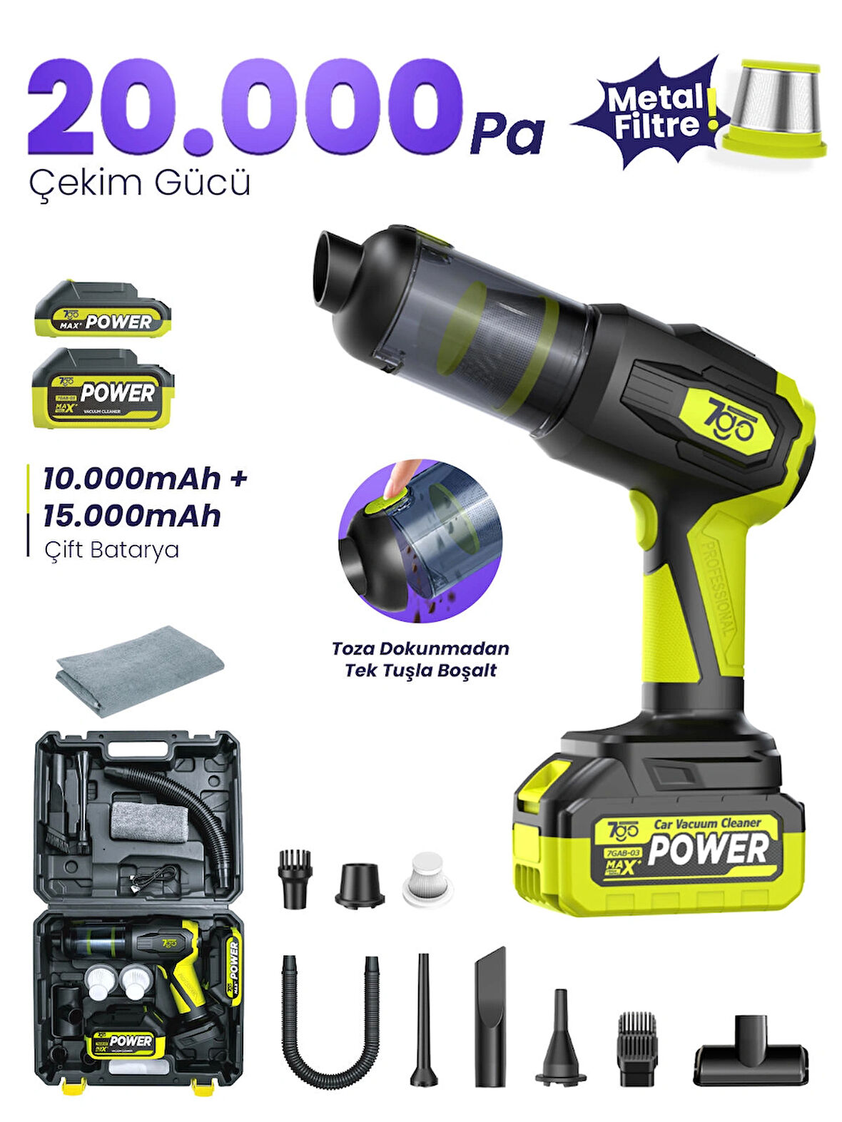 7GO 7GAB-03 Kablosuz Araç İçi Süpürge | 20.000PA Güçlü Emiş | 90.000RPM Fırçasız Motor | 15.000mAH Uzun Ömürlü Batarya | Üfleme & Vakum 2’si 1 Arada