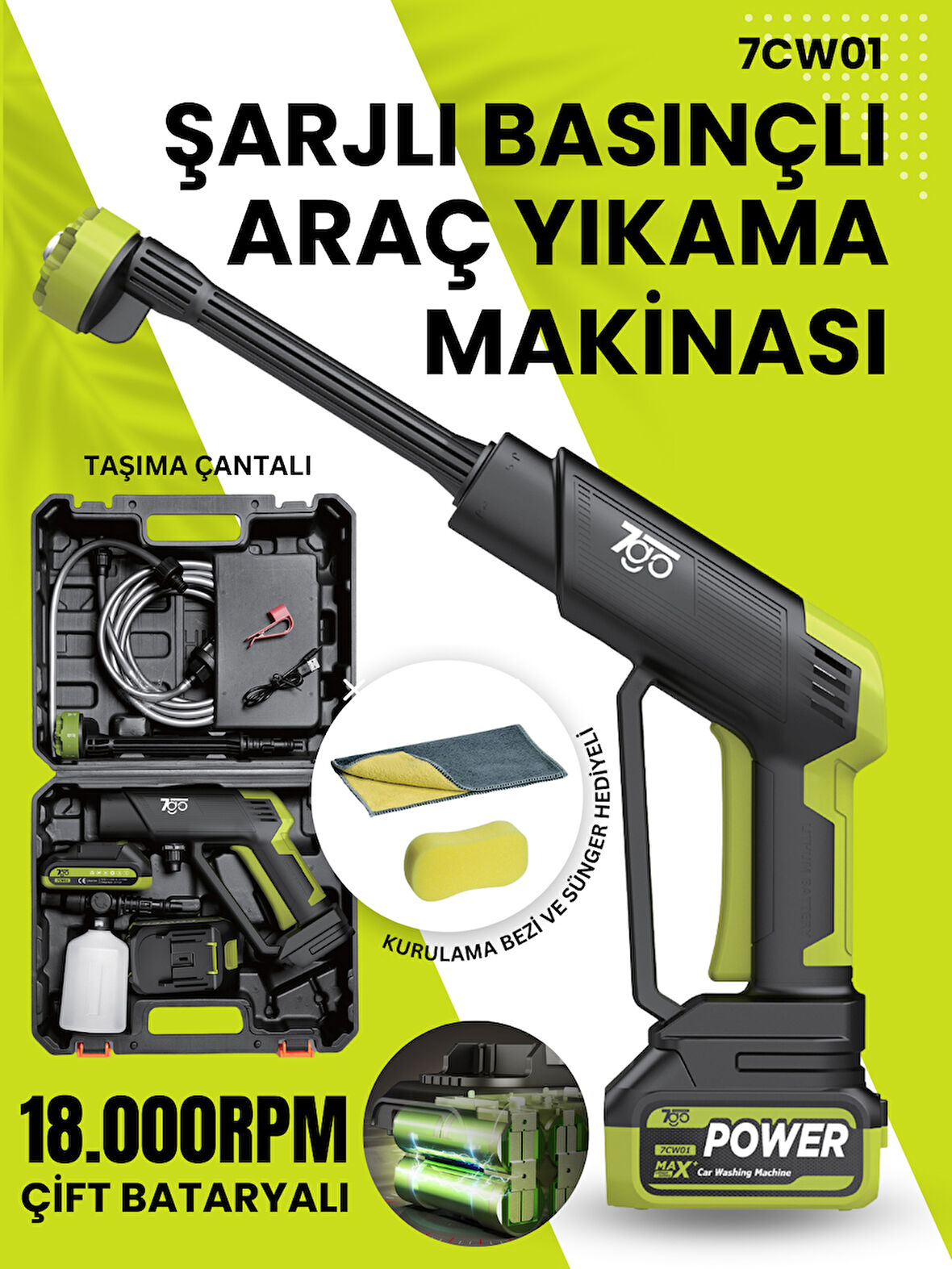 7GO 7CW01 Akülü Şarjlı Yüksek Basınçlı Araç ve Bahçe Yıkama Tabancası | 21V Çift Akülü Fırçasız Motorlu Basınçlı Su Tabancası (20 Bar)