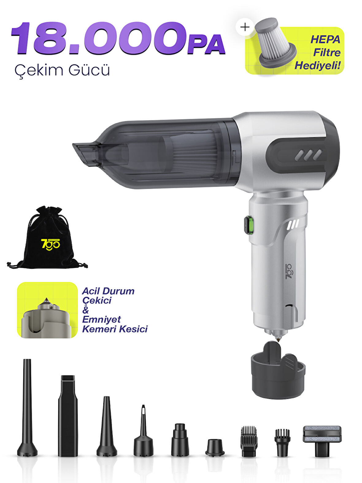 7GO AHV-14 2'si 1 Arada Kablosuz Araç İçi Süpürge Gümüş | 18000PA Güçlü Vakum + Üfleme | Cam Kırıcı & Kemer Kesici Acil Durum Özellikli