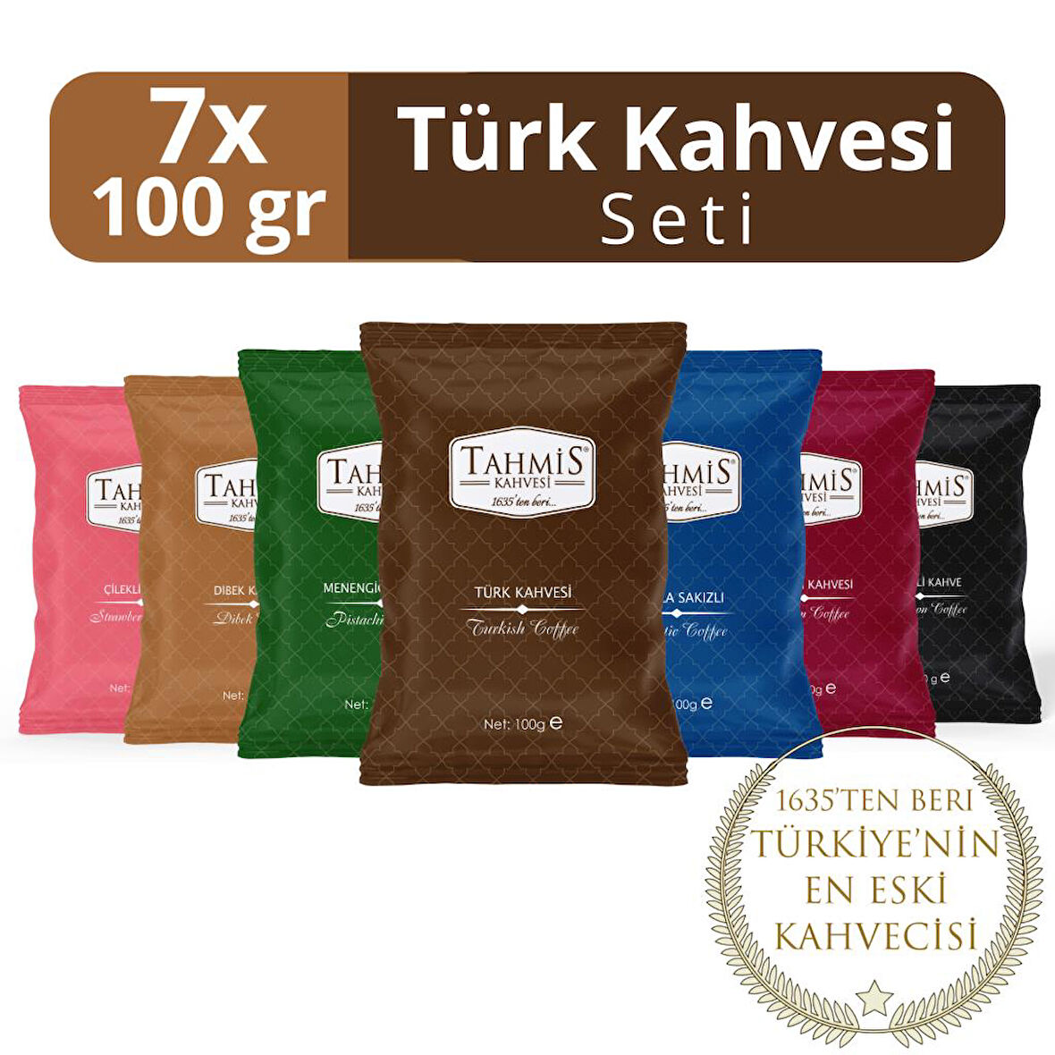 7'li Türk Kahvesi Seti 100 G (Damla Sakızlı-Çilekli-Menengiç-Osmanlı-Dibek-Kakule-Türk)