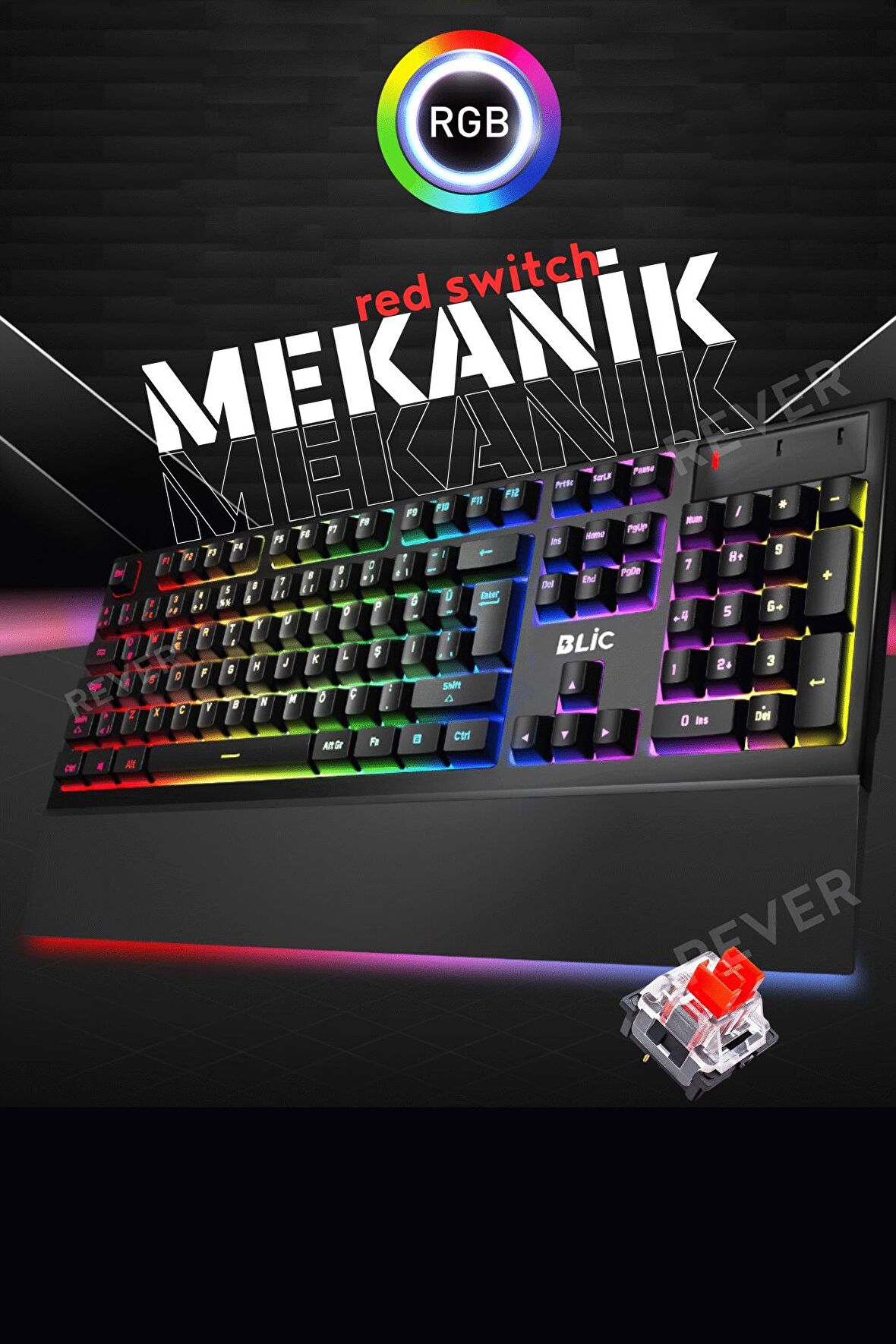 Rever Red Switch Bilek Destekli 21 Mod RGB Led Işıklı Mekanik Gaming Oyuncu Klavyesi 105 Tuş