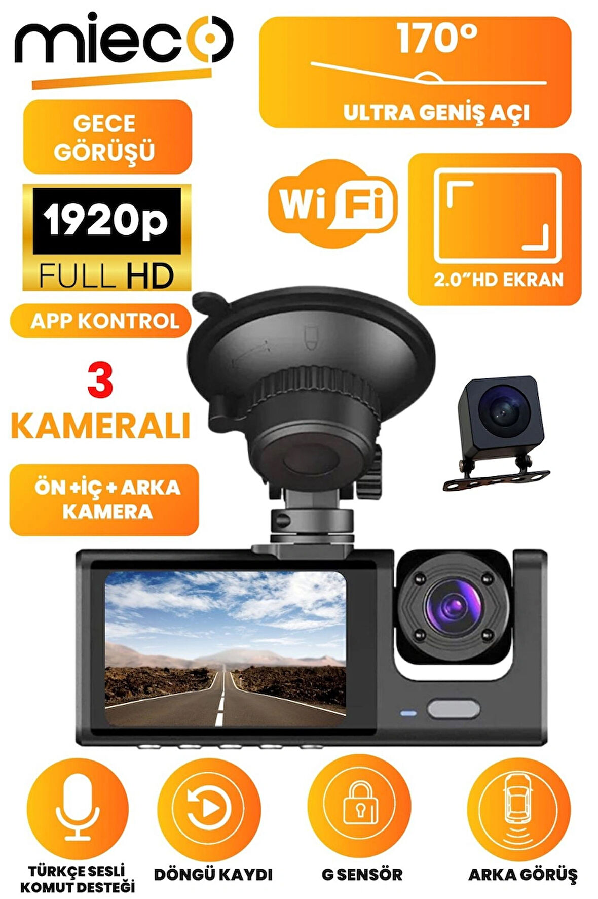1S Wifi/1920P FHD/170° Ultra Geniş Açı/Gece görüşü ve G-Sensörü/ 3 Kameralı Araç Kamerası (2025)