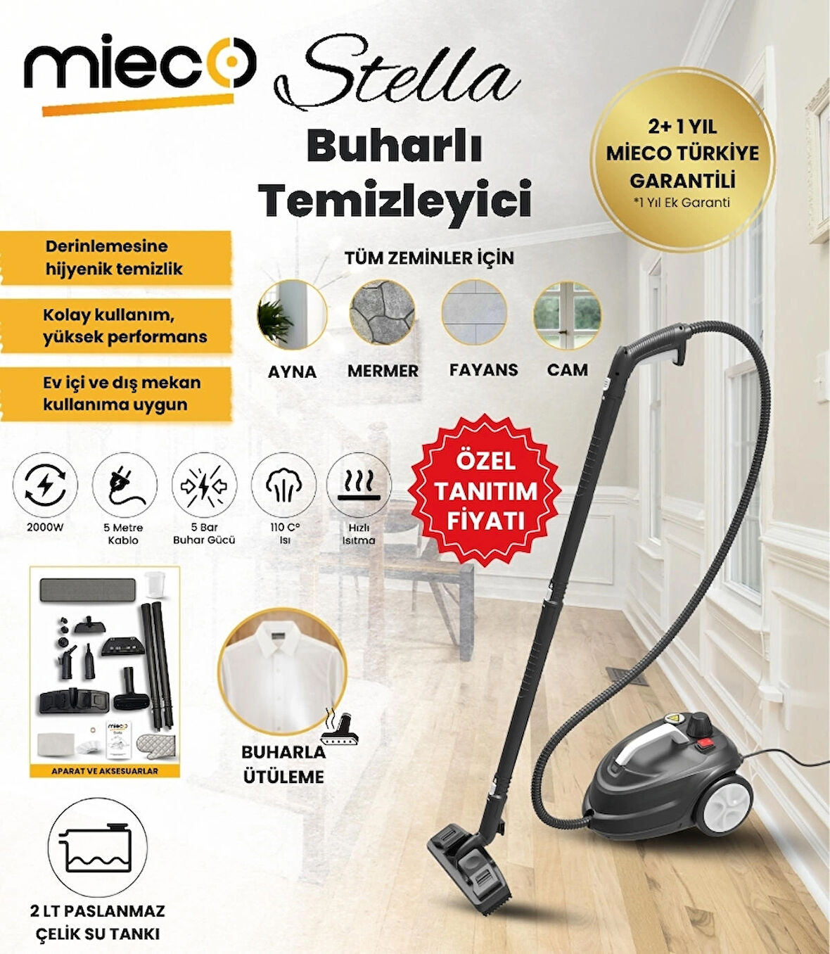 Mieco Stella 5 Bar/ 2000W / Çok Fonksiyonlu Buharlı Temizleyici + Ütü Başlığı ve Eldiven Hediyeli - Siyah