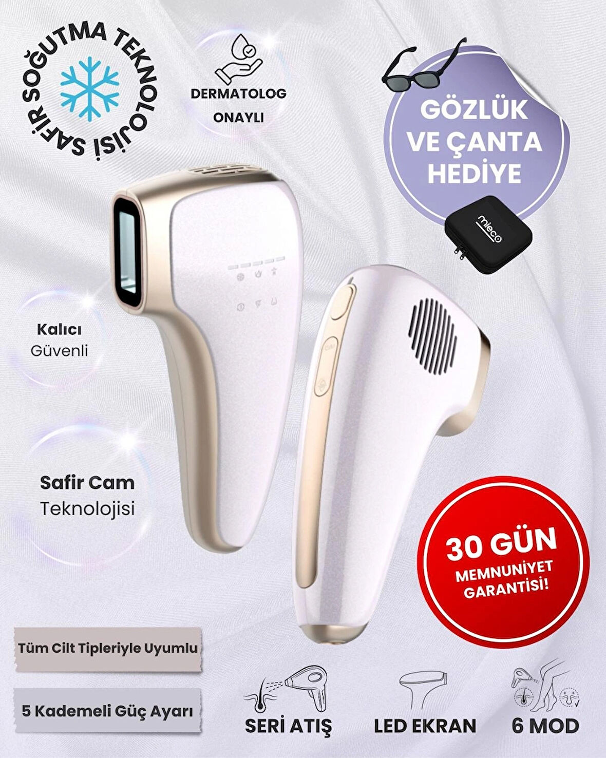 Mieco Safir Soğutma Özellikli ipl Lazer Epilasyon Aleti (Safir Cam)- Lila + Gözlük ve Çanta Hediyeli