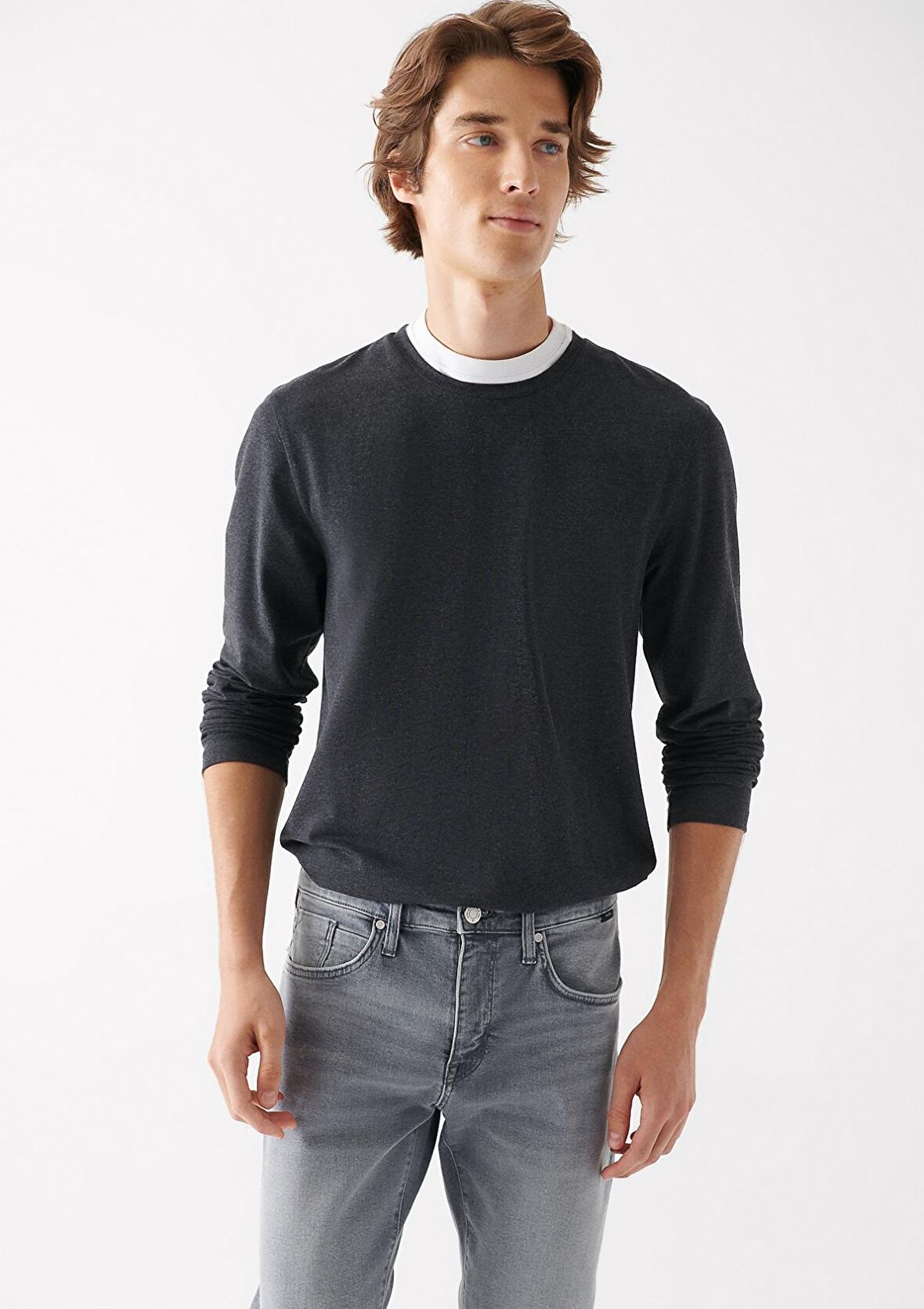 Mavi Uzun Kollu Gri Basic Tişört 062477-27310