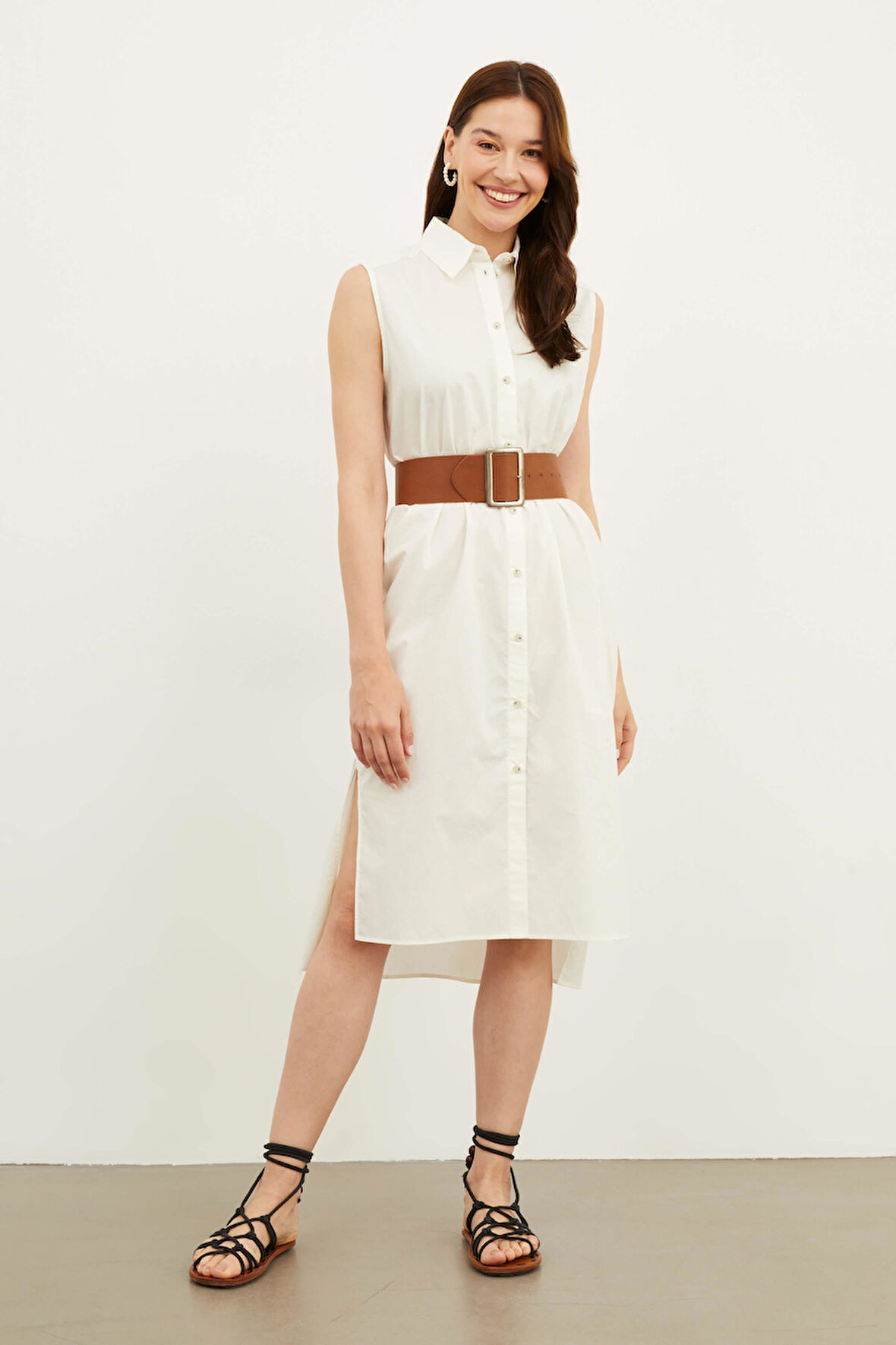 Kadın Polo Yaka Kolsuz Midi Önden Düğmeli Düzrenk Dokuma Gömlek Elbise