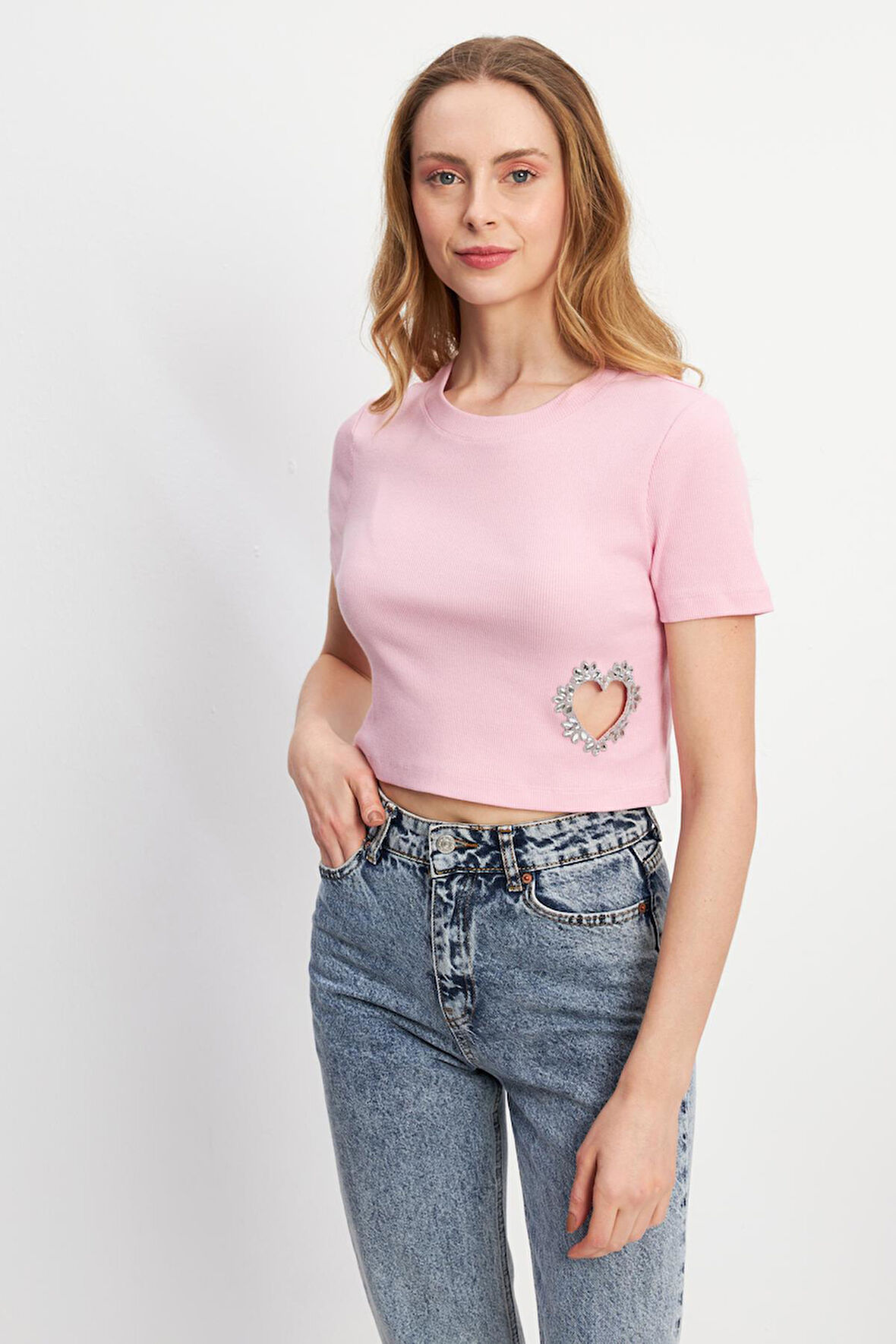 Yanı Parlak Taş Şekilli Crop  T-shirt
