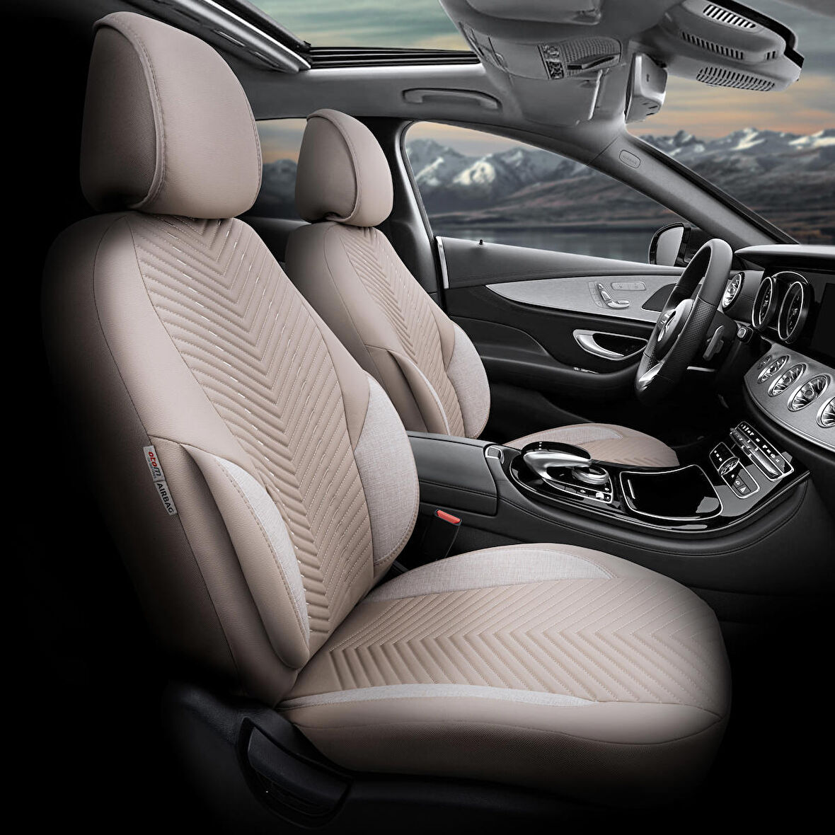 Advanced Design Özel Tasarım Premium Deri-Keten Ekstra Destekli Universal Oto Koltuk Kılıfı Tam Set Bej