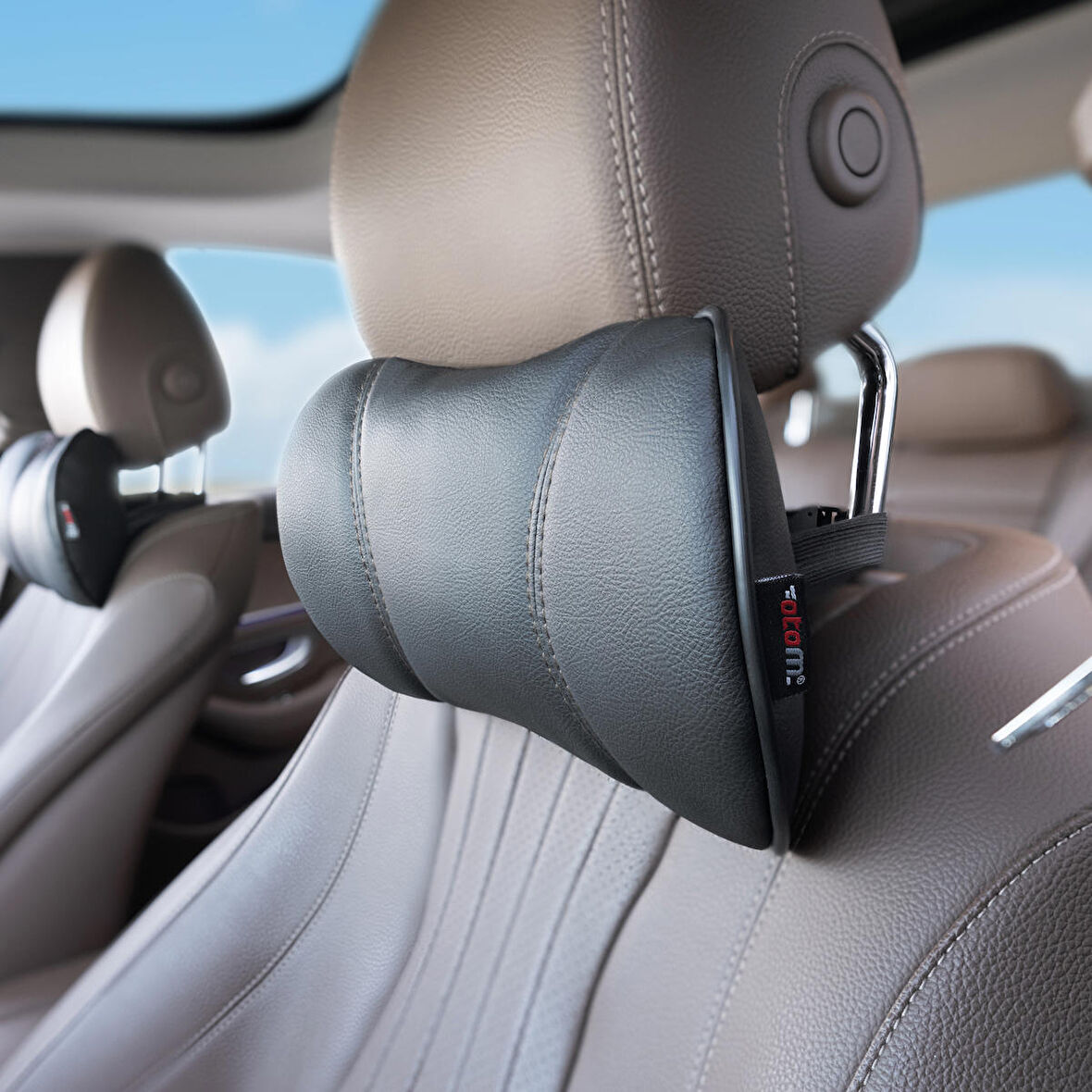Otom Premium Deri Boyun Destek Yastığı - Siyah-Füme