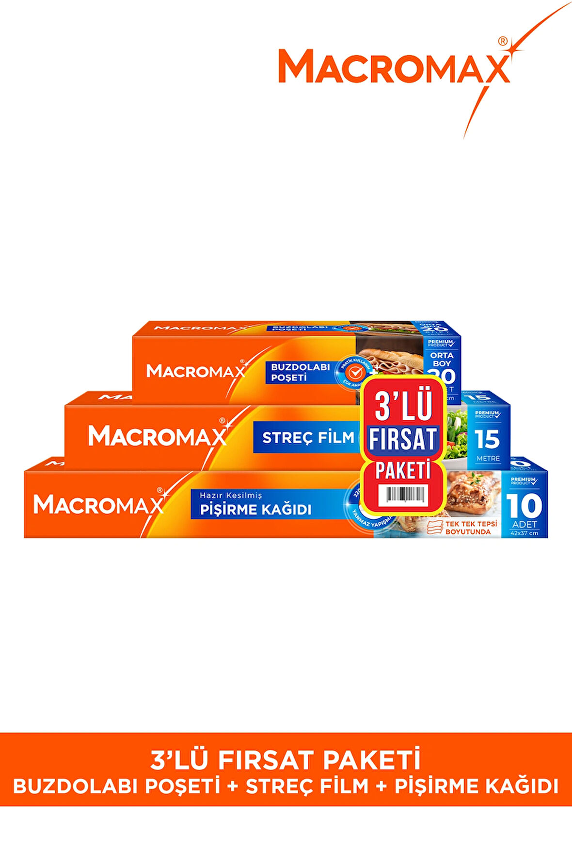 3'lü Fırsat Paketi (Buzdolabı Poşeti + Streç Film 15m + Pişirme Kağıdı 10 Adet)