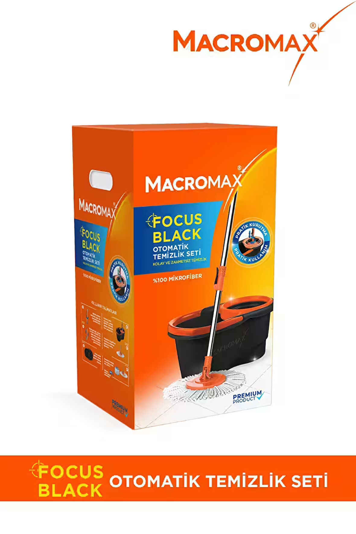 Focus Black Otomatik Temizlik Seti, Pedalsız Döner Sıkmalı 360 Başlıklı Mikrofiber Paspas
