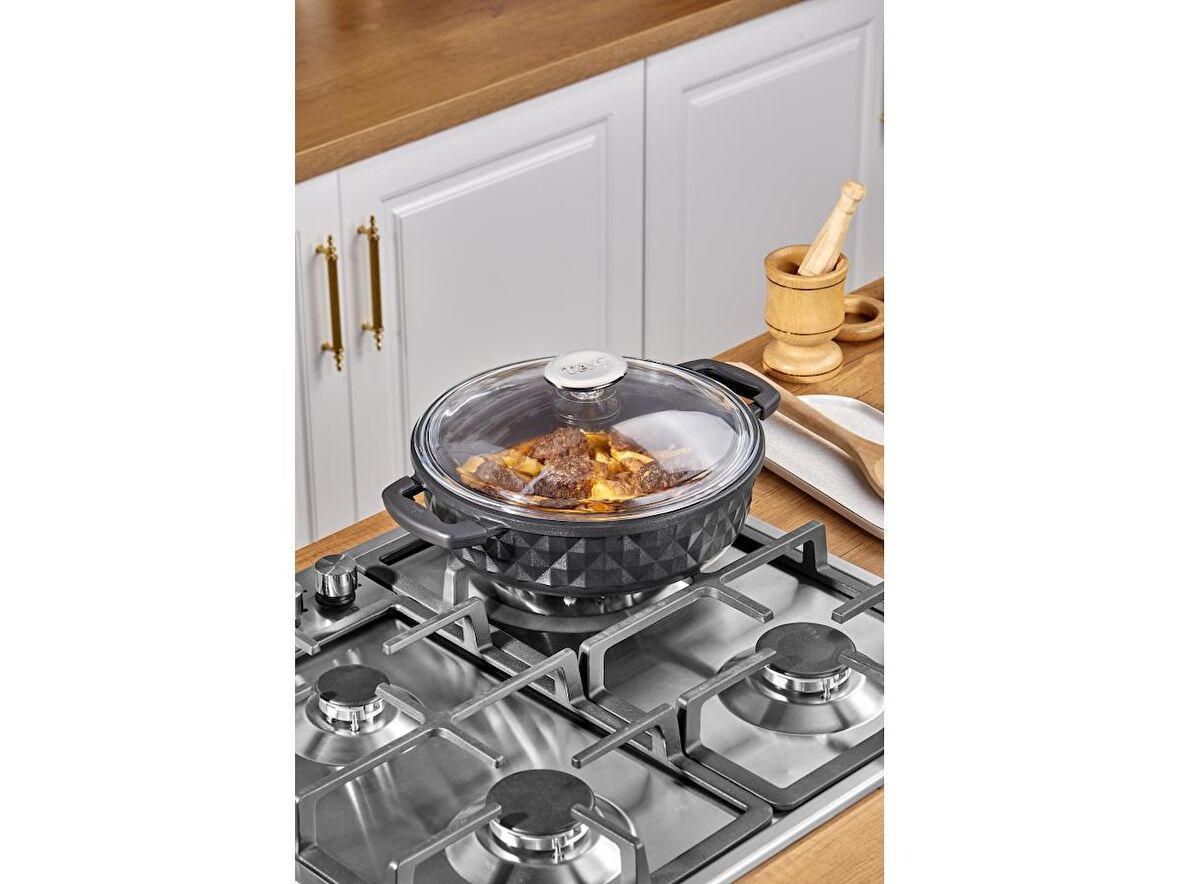 Taç Bella Cam Kapak Döküm Basık Tencere 26 Cm Siyah