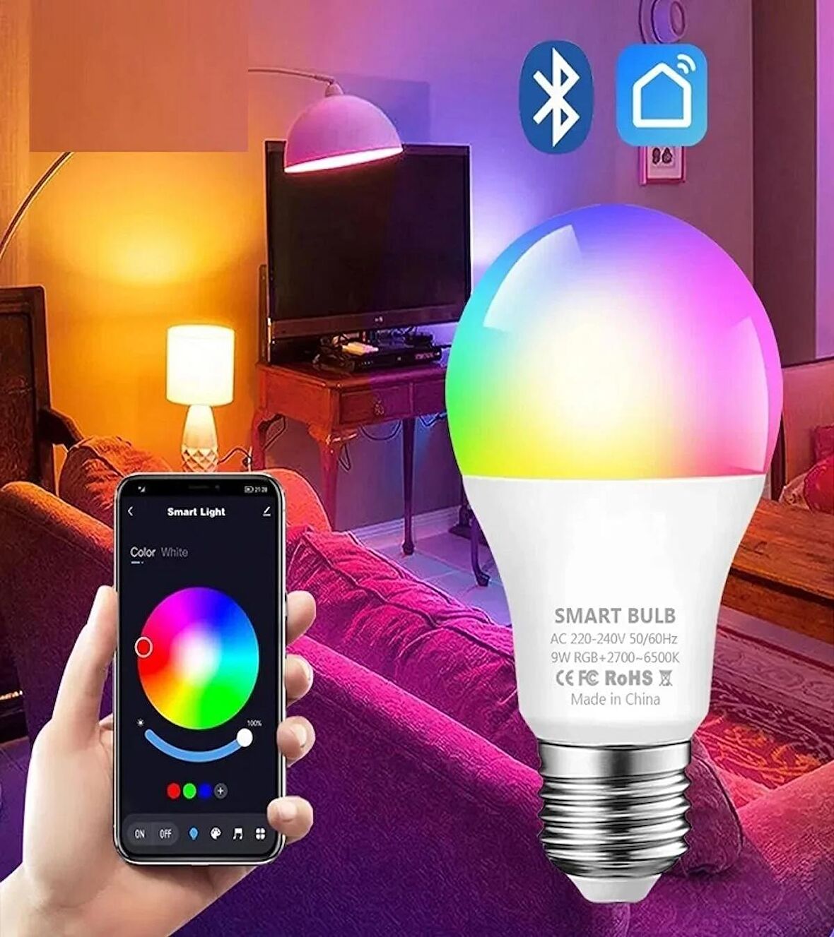 Akıllı Bluetooth Led Ampul 9W Rgb+Cct Sese Duyarlı Zaman Ayarlı Wi-fi Kontrollü Ampul