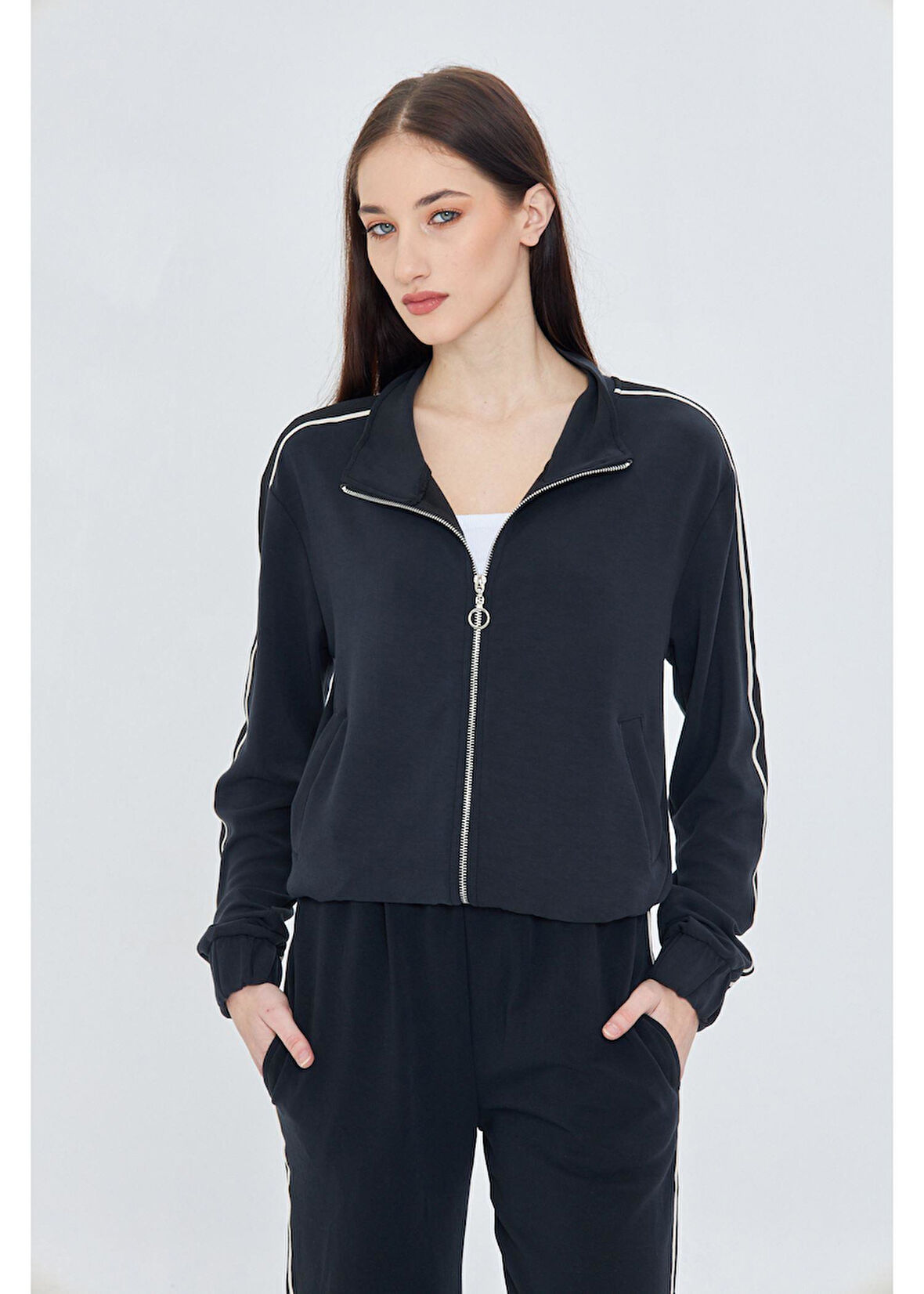 Fermuarlı Şeritli Modal Sweatshirt