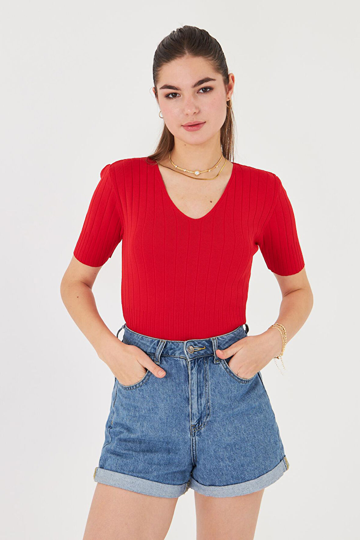 V Yaka Kısa Kol Body 