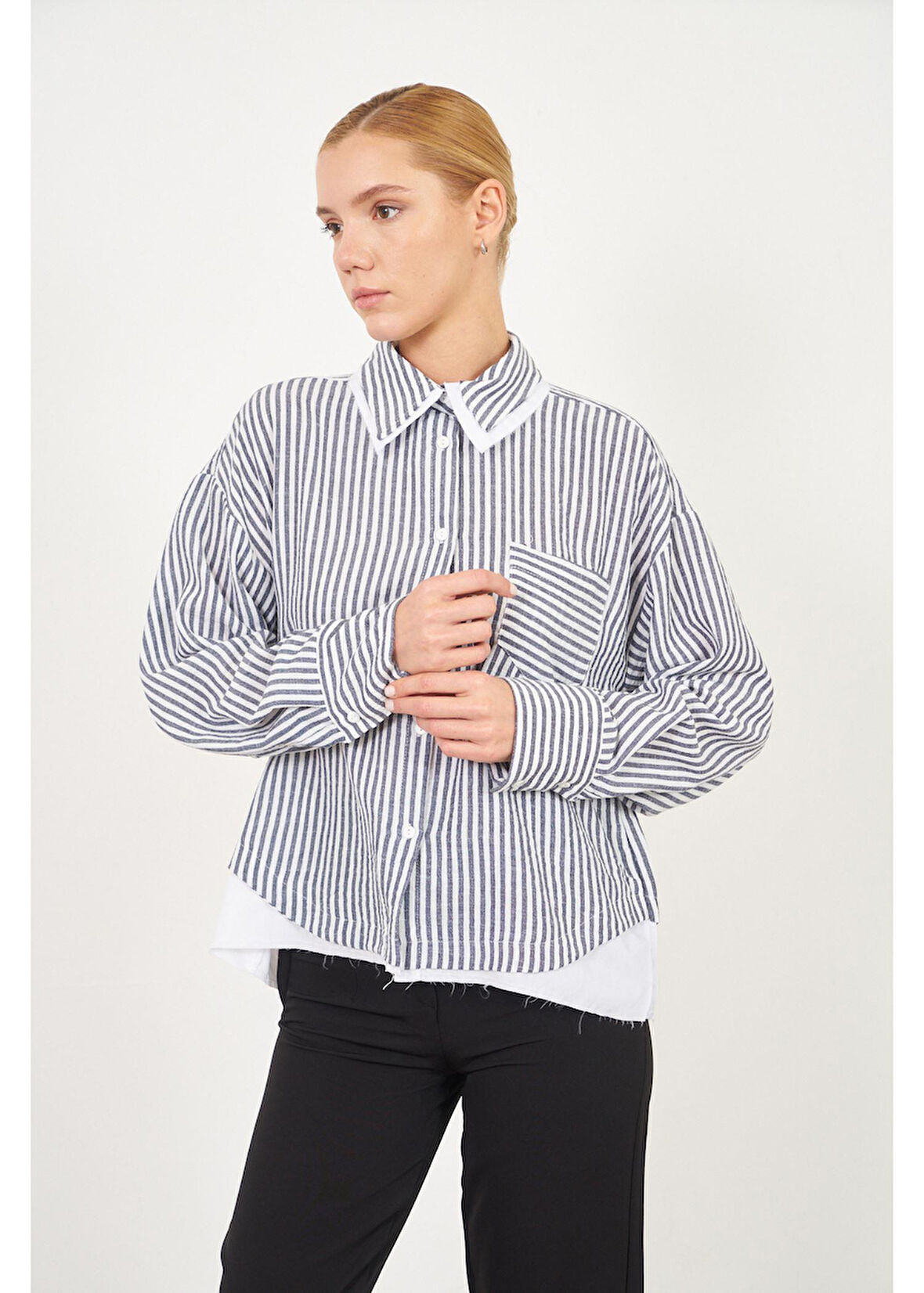 Poplin Garnili Çizgili Keten Görünümlü Gömlek 