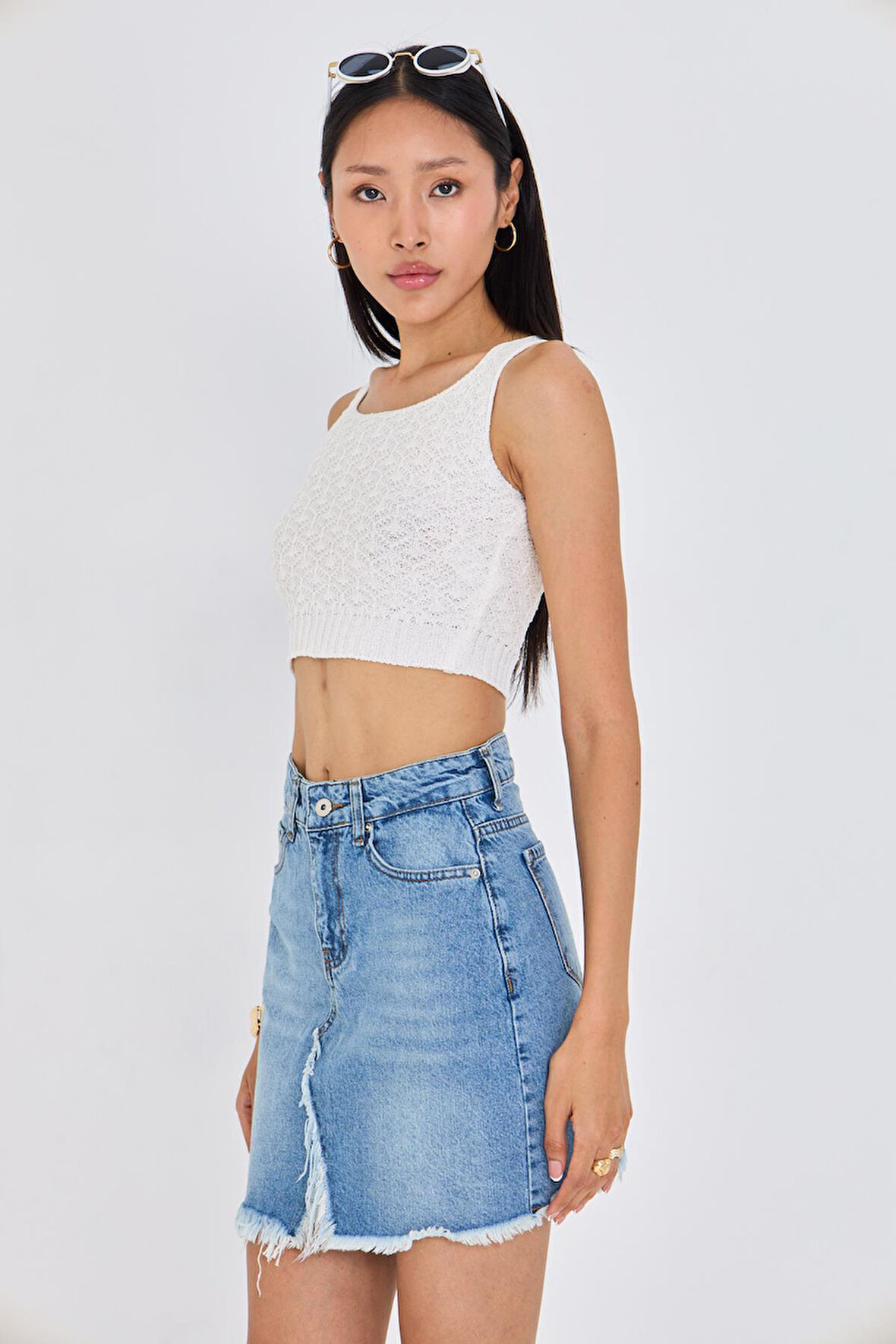 Ajurlu Crop Bluz - Bej