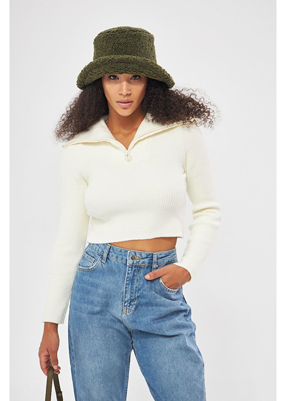 Fermuarlı Crop Triko Kazak 