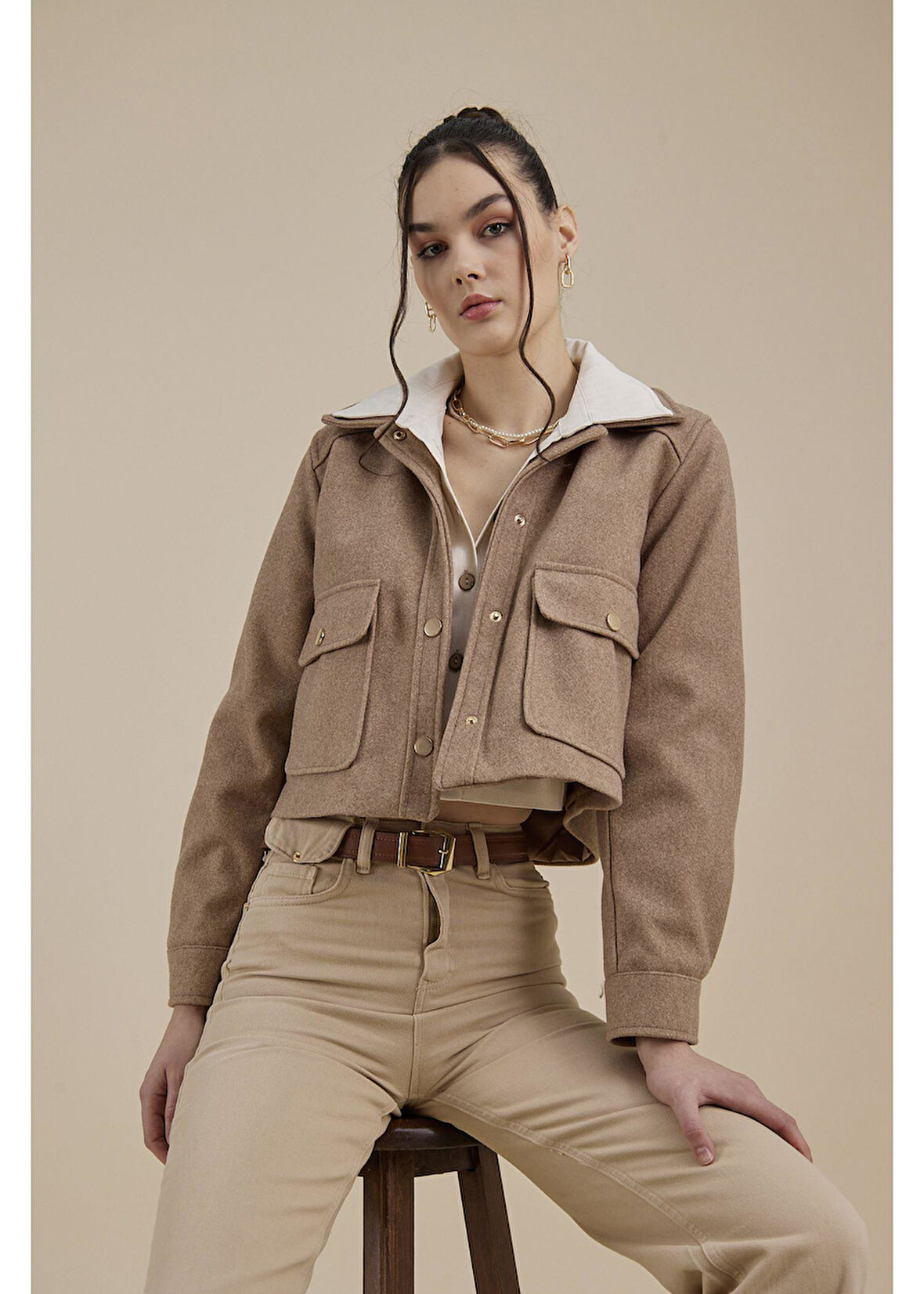 Çıtçıtlı Melanjlı Kısa Kaşe Mont