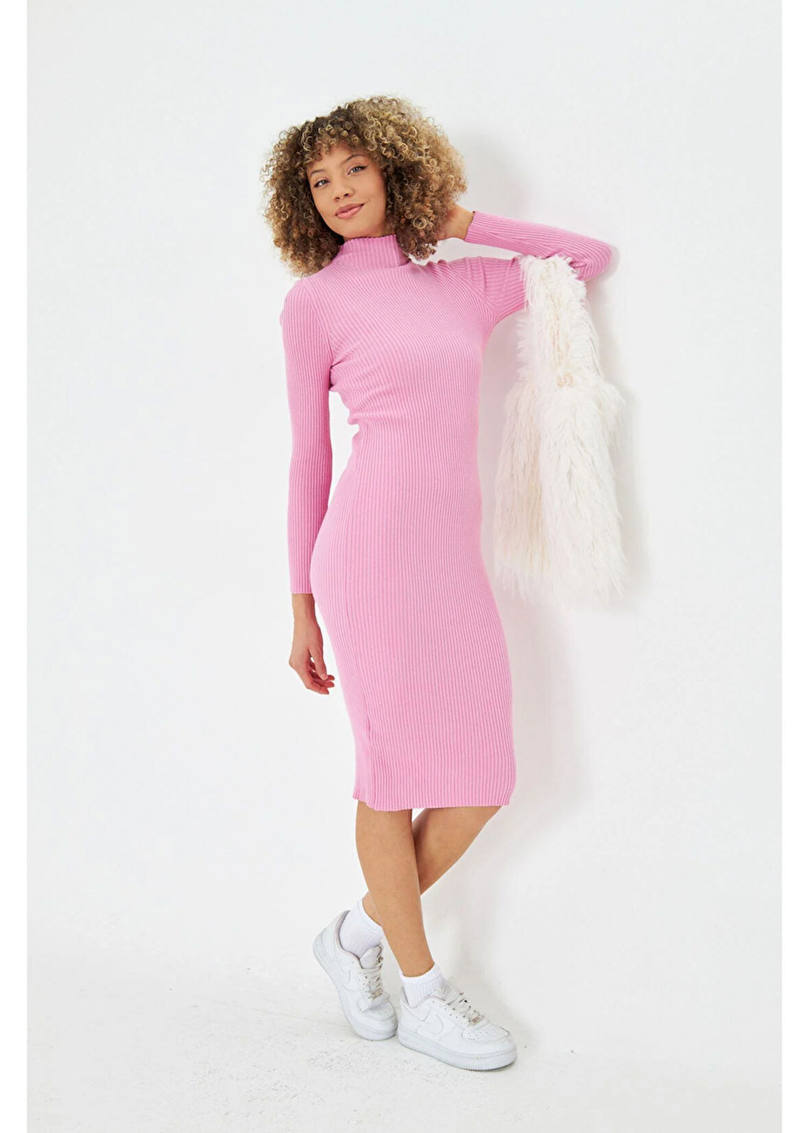 Yarım Balıkçı Uzun Triko Bodycon Elbise 