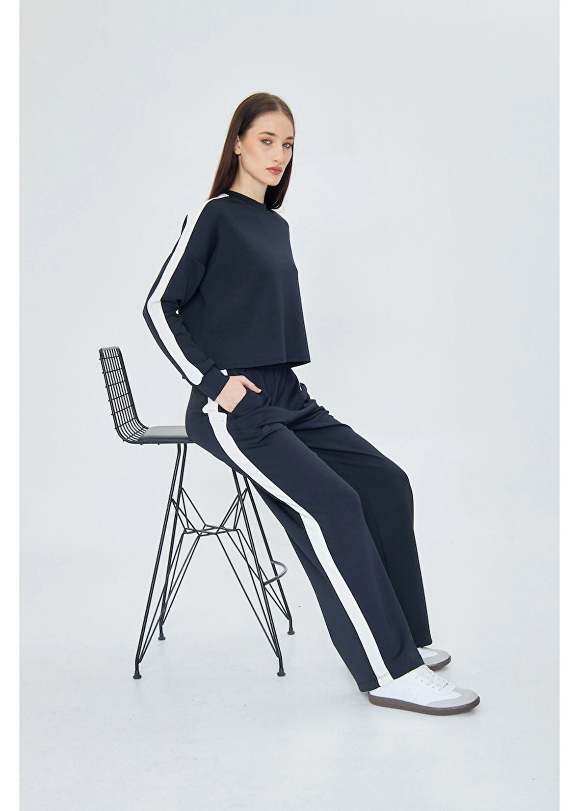 Şeritli Scuba Modal Crop Sweatshirt 