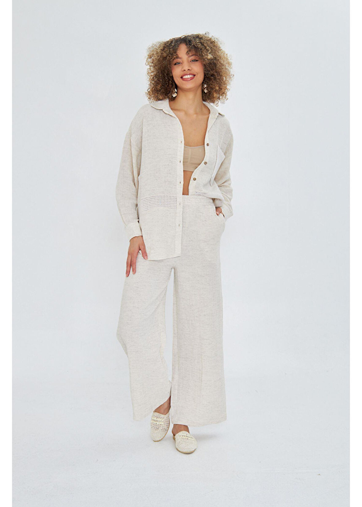 Beli Lastikli Yandan Cepli Müslin Keten Görünümlü Pantolon 