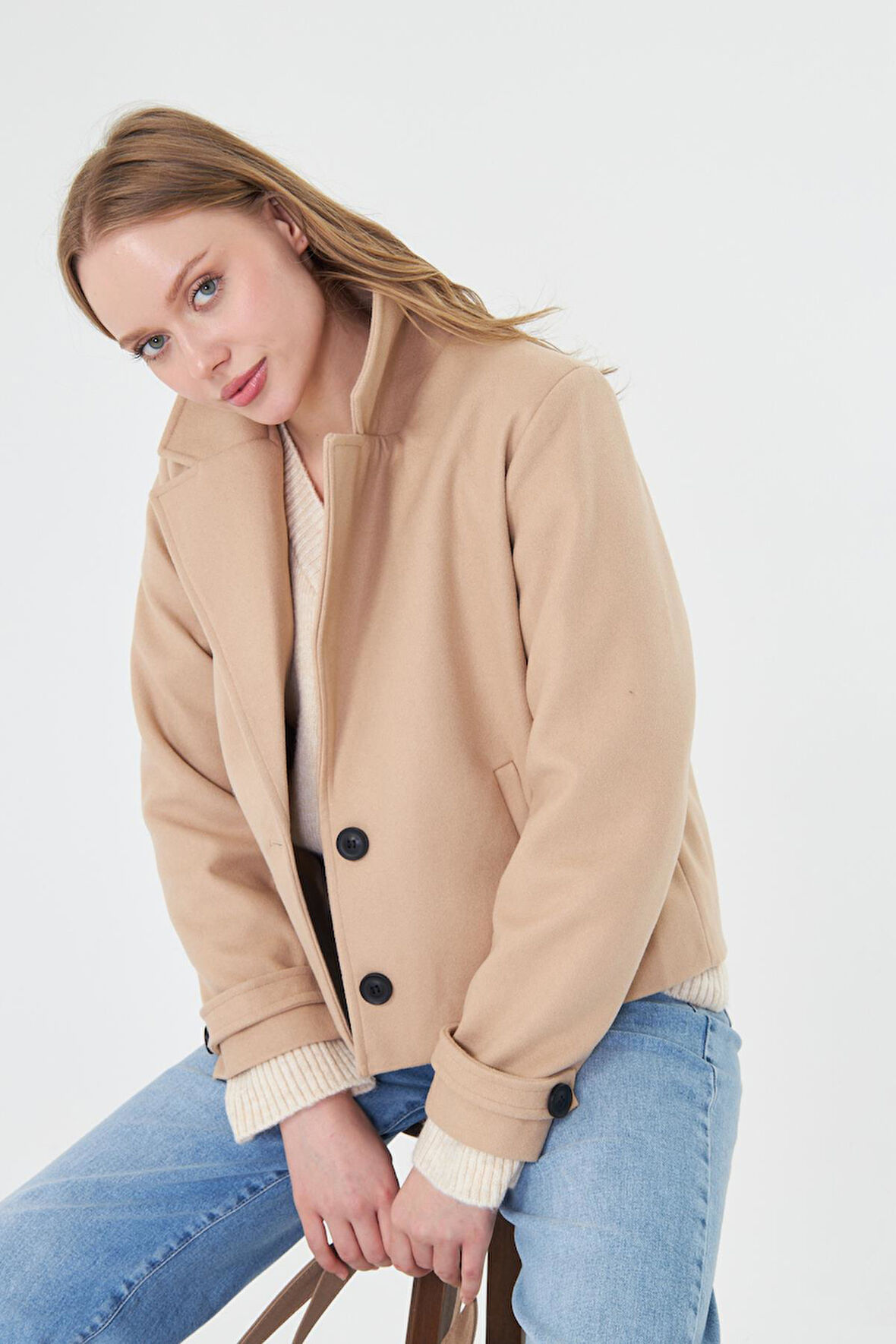 Kruvaze Yaka Kaşe Ceket 