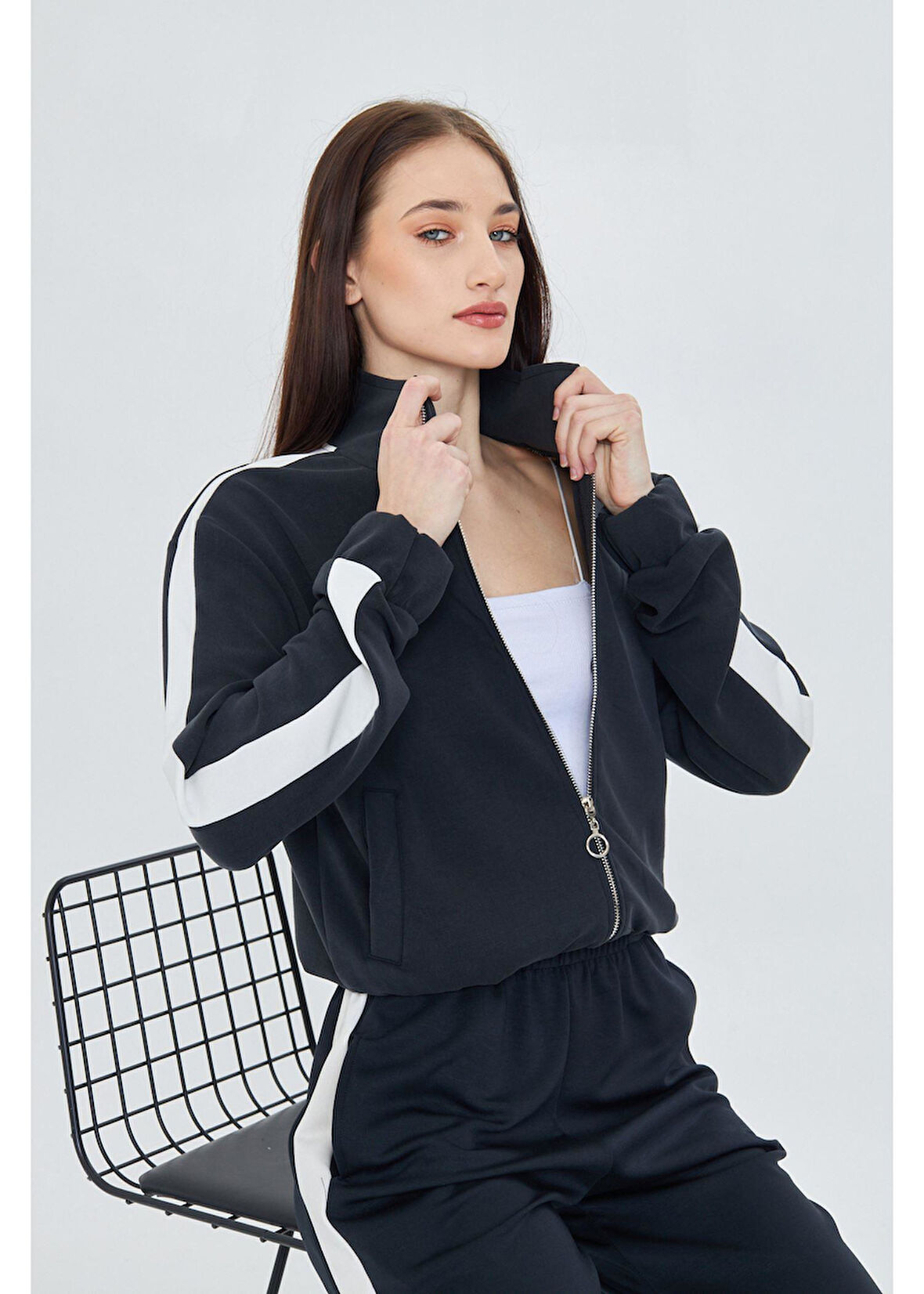 Şeritli Fermuarlı Scuba Modal Sweatshirt 