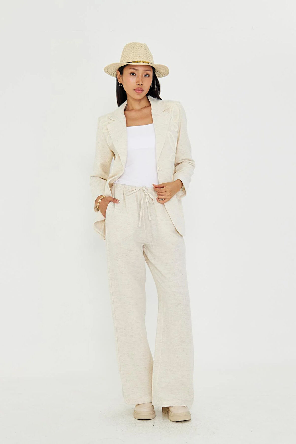 Yandan Cepli Ketenli Müslin Pantolon 