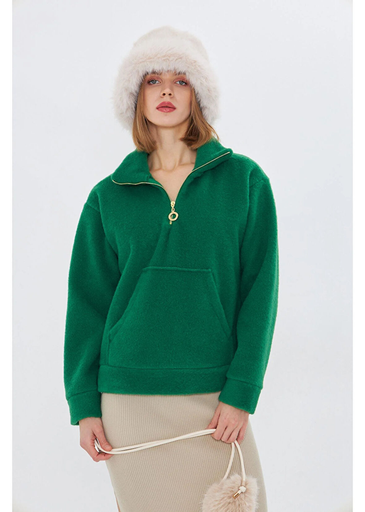 Önü Yarım Fermuarlı Kaşe Sweatshirt 