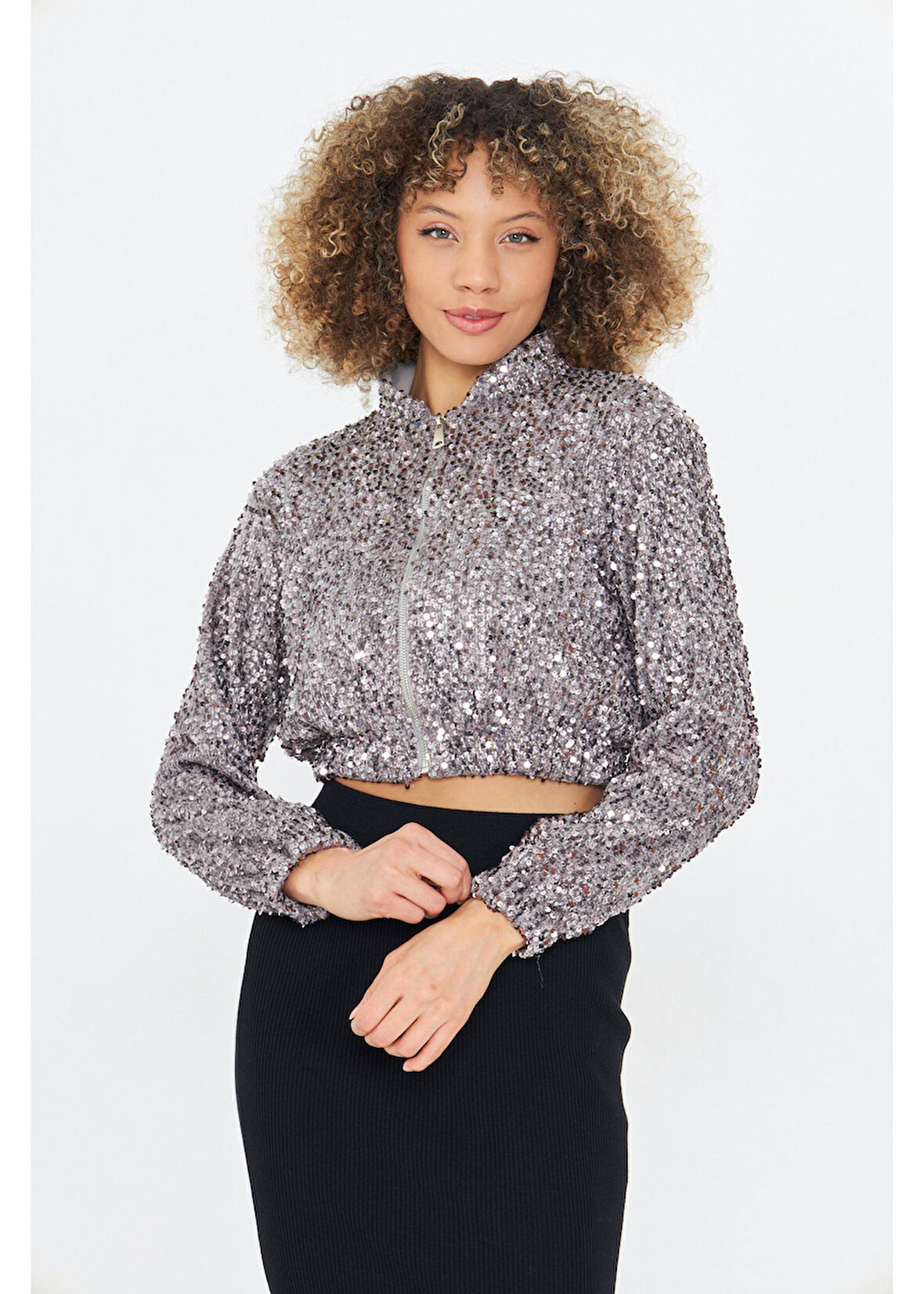 Fermuarlı Kadife Pul Payet Ceket 