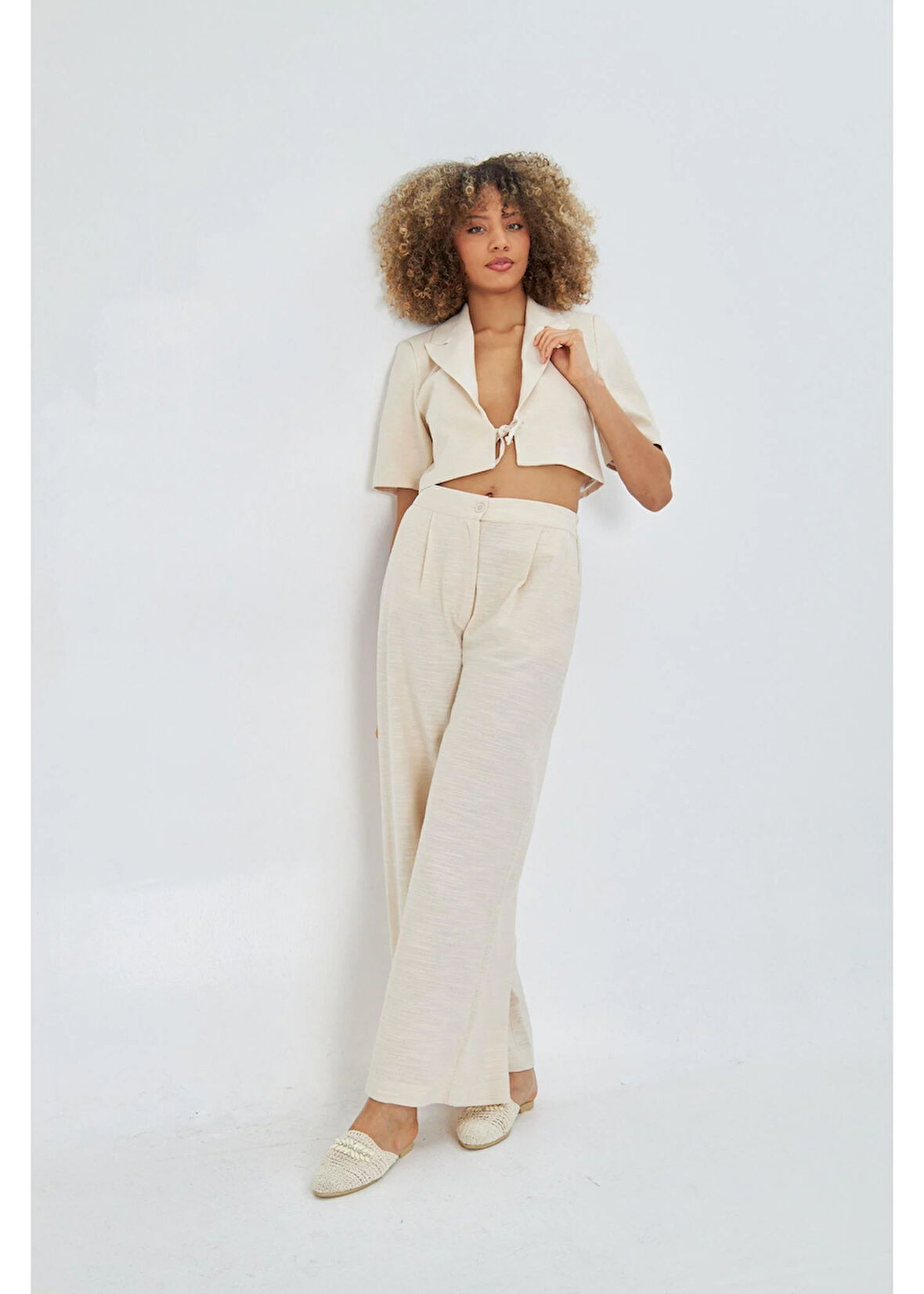 Yandan Cepli Arkası Lastikli Keten Görünümlü Pantolon 