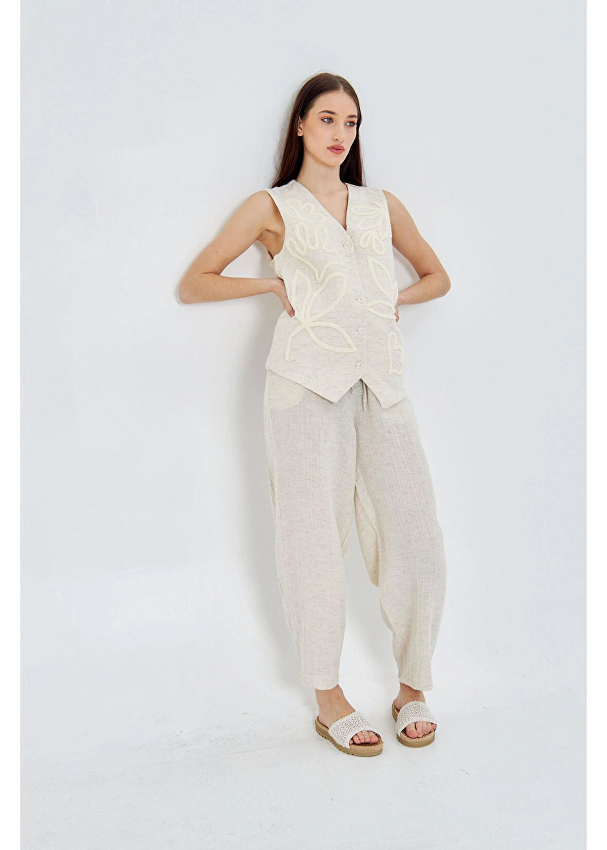 Lastikli Ketenli Müslin Pantolon 