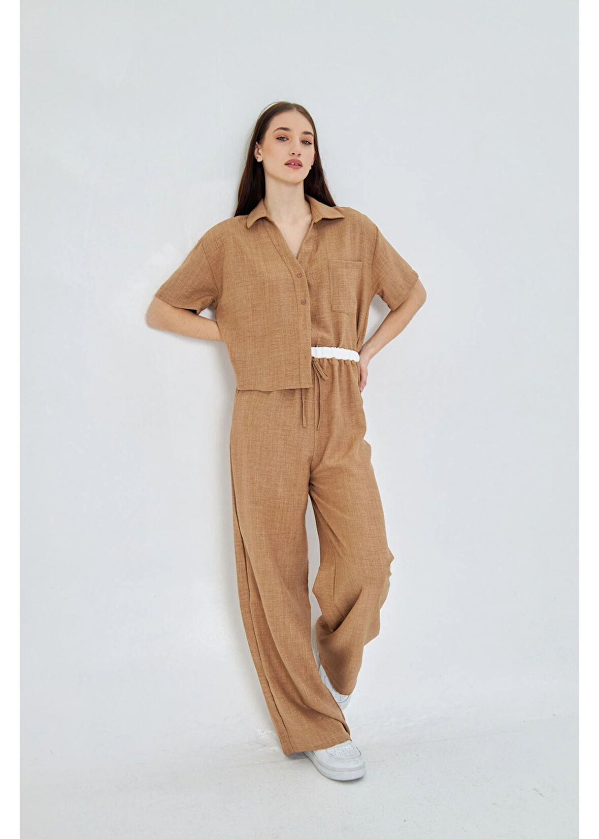 Beli Garnili Bağcıklı Keten Görünümlü Pantolon 