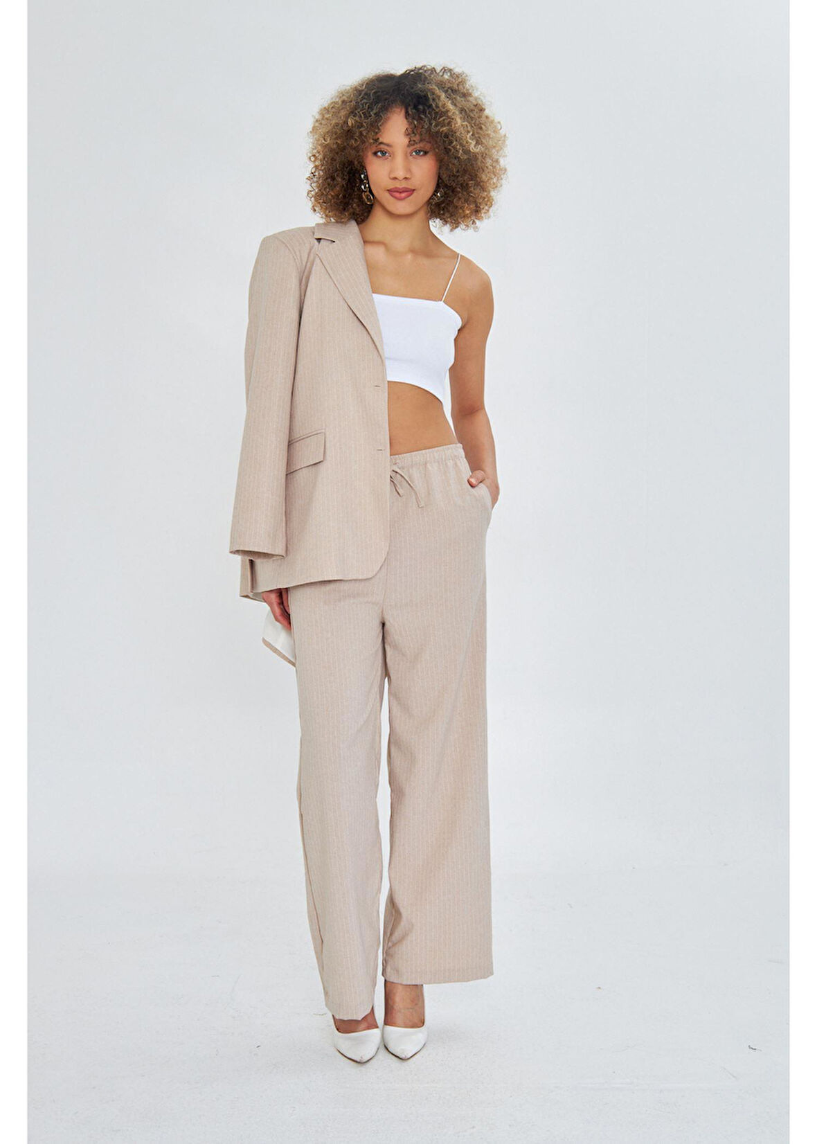 Beli Lastikli Çizgili Poliviskon Pantolon 