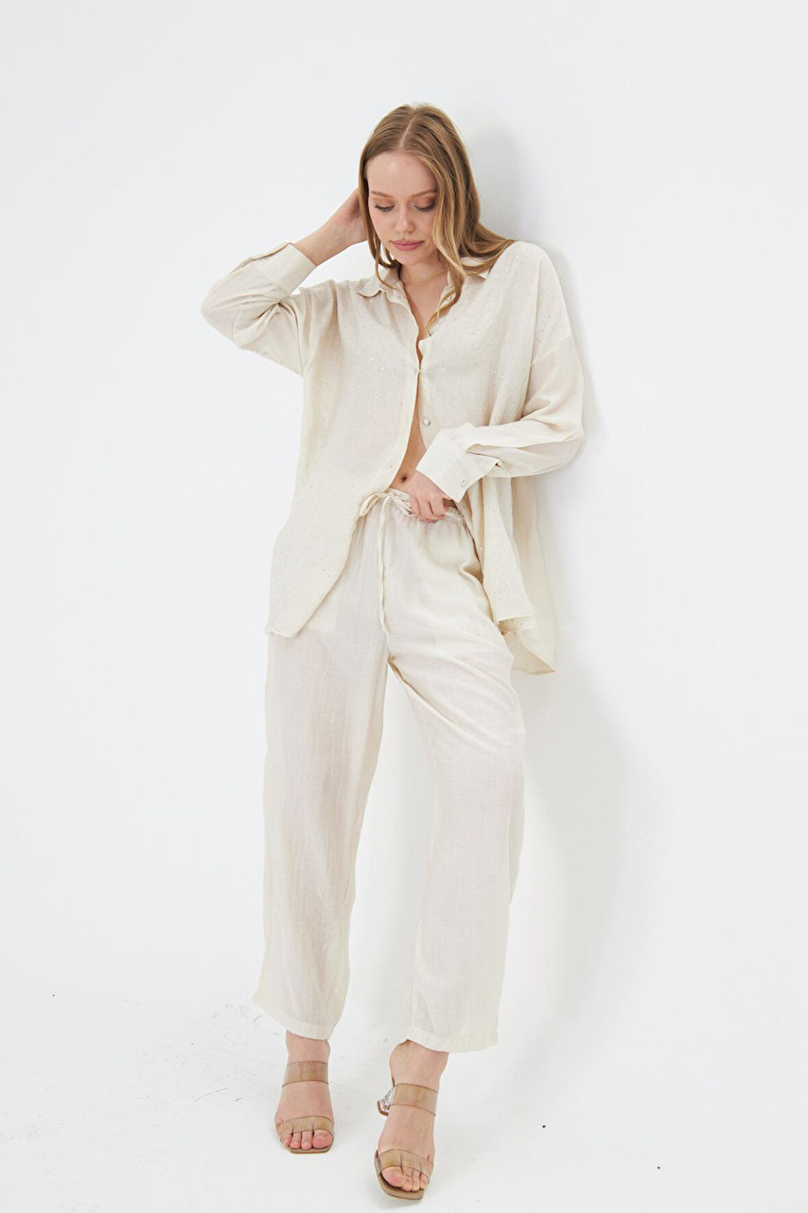 Beli Lastikli Çizgili Rayon Pantolon 