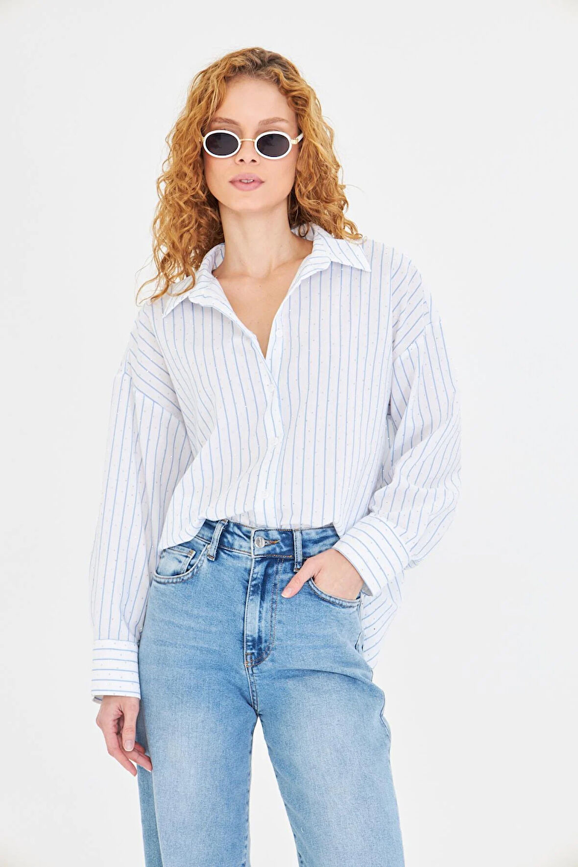 Çizgili Taşlı Poplin Gömlek 