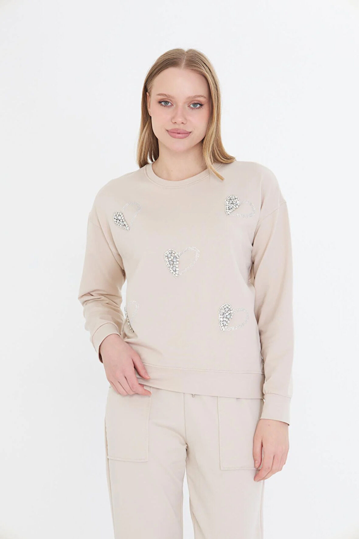 Kalpli Taş Baskılı Sweatshirt 