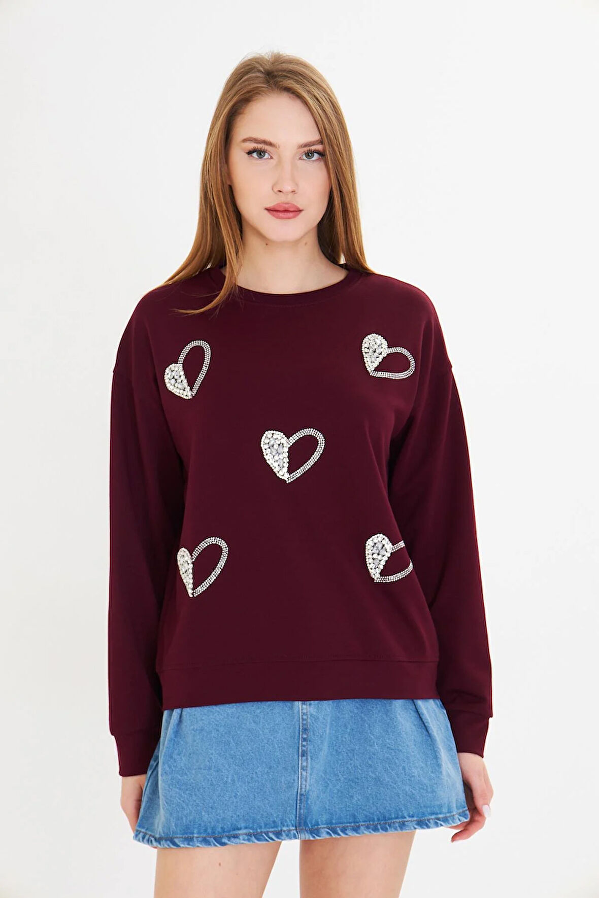 Kalpli Taş Baskılı Sweatshirt 