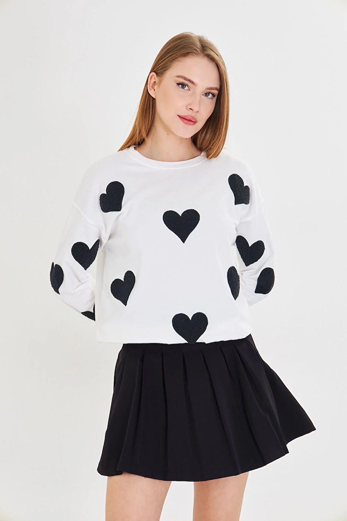 Havlu Kalp Baskılı İki İplik Sweatshirt 