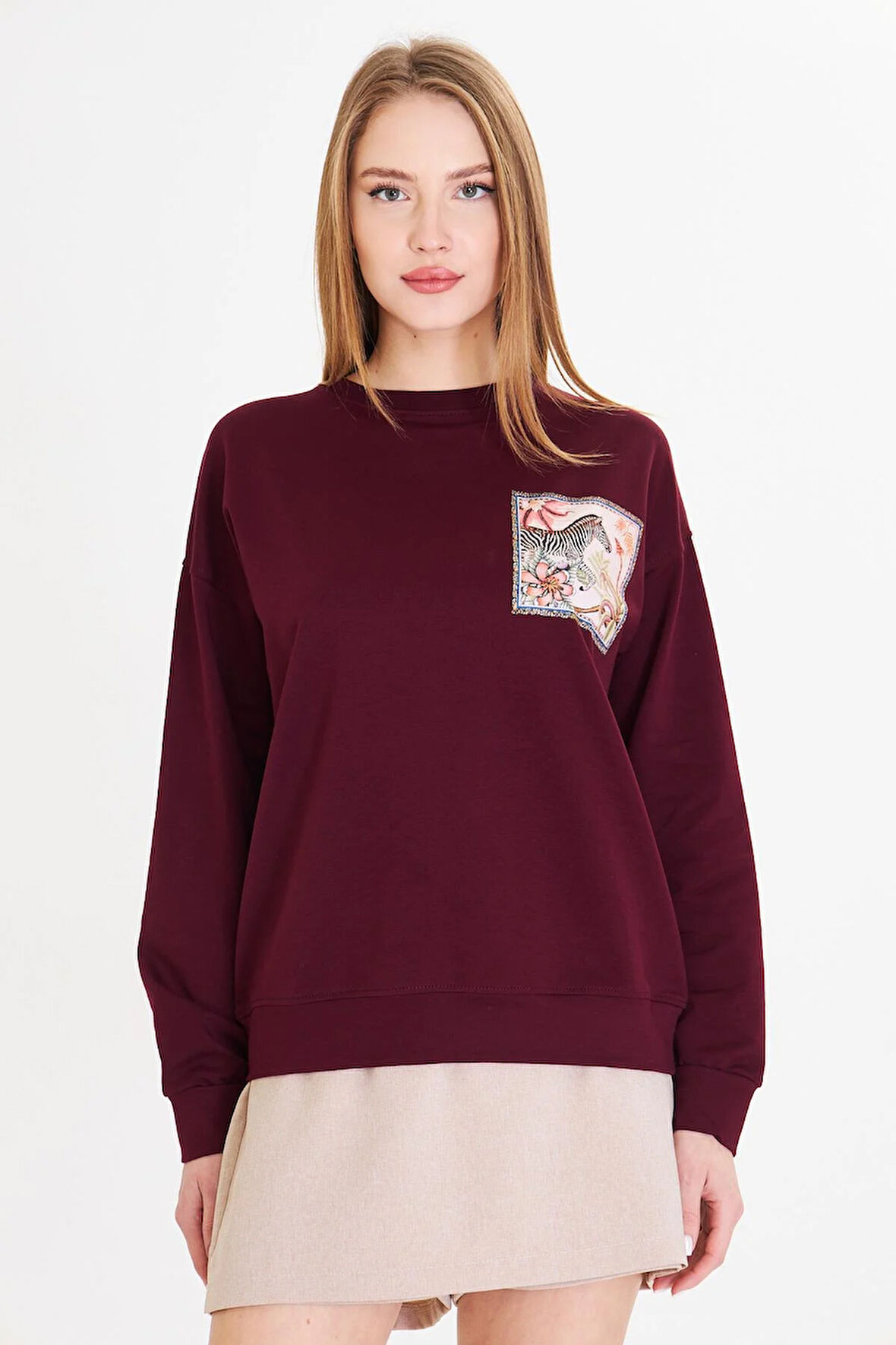 Zebra Baskılı İki İplik Sweatshirt 