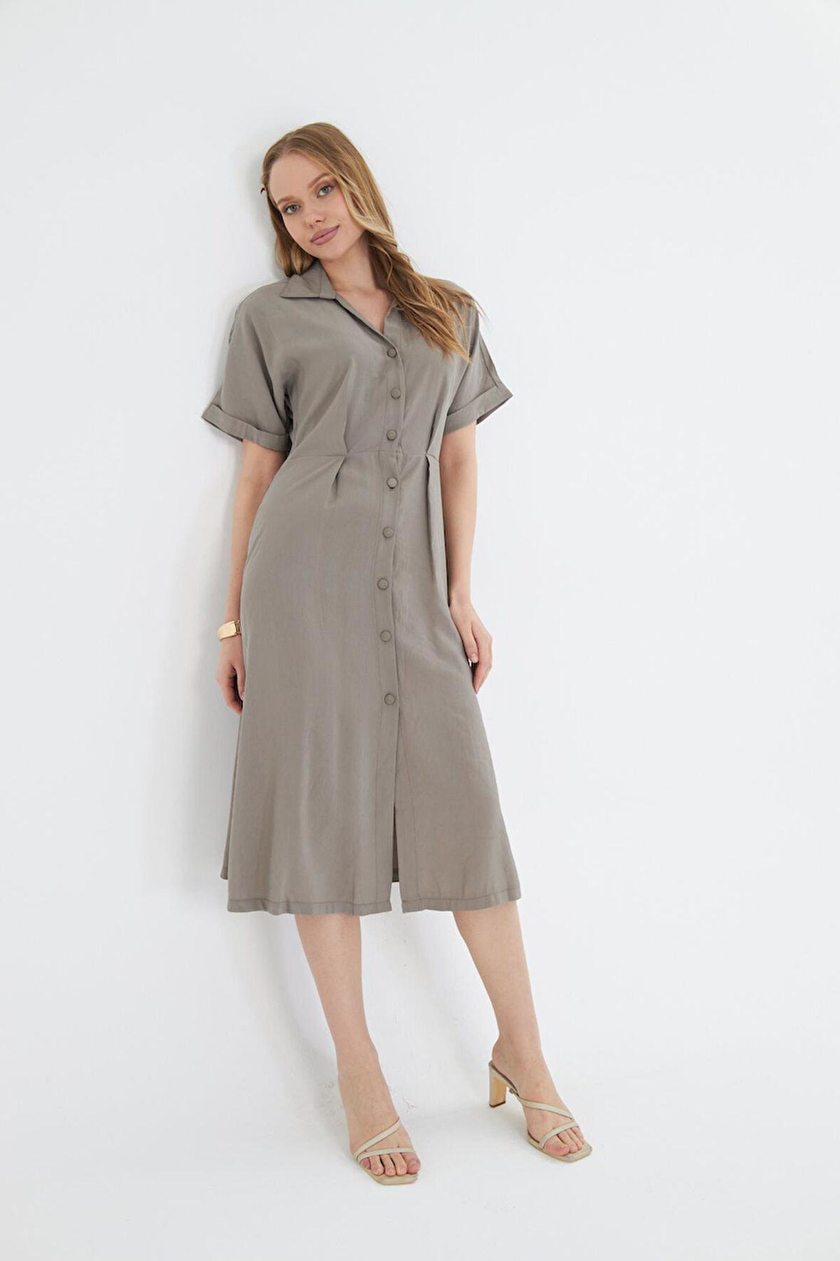 Kısa Kollu Düğmeli Modal Elbise 